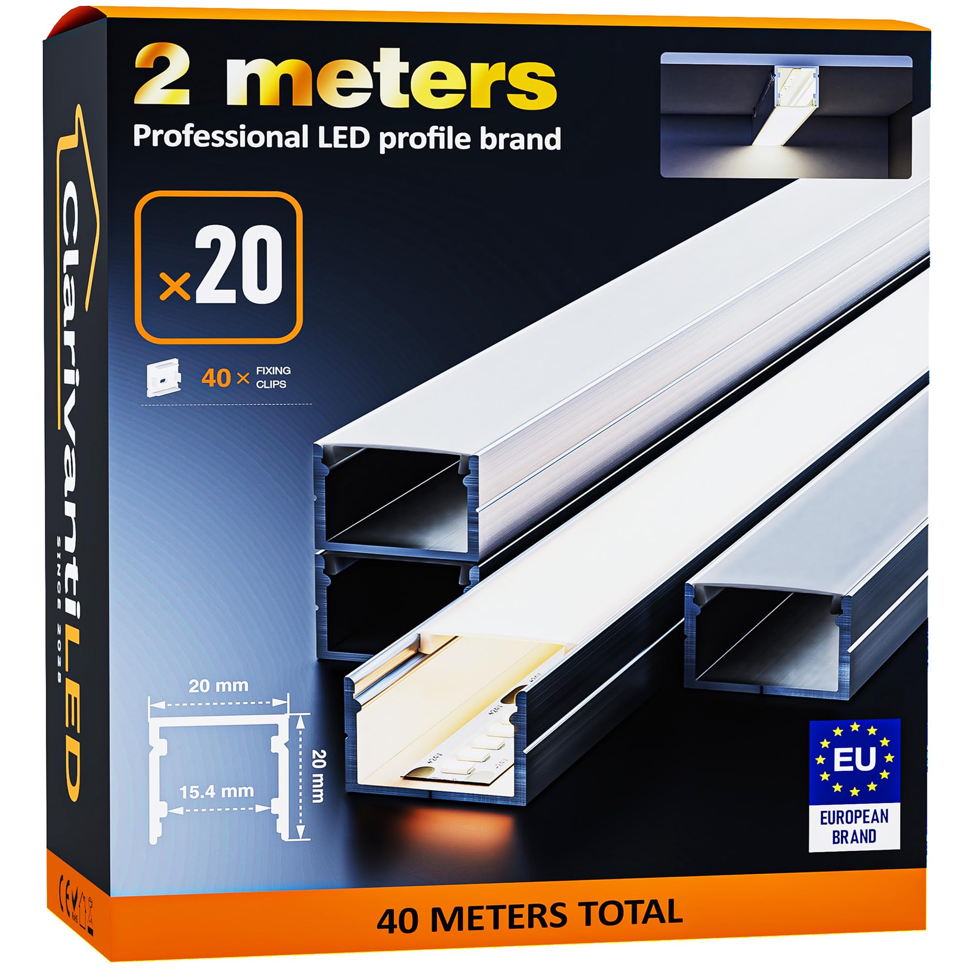 Profil LED 2m×20 aluminiowy w kształcie U z mleczno-białym pokryciem, kanał z dyfuzorem, szyna aluminiowa do taśm LED, profil aluminiowy do pasków LED, szyna aluminiowa do taśm LED
