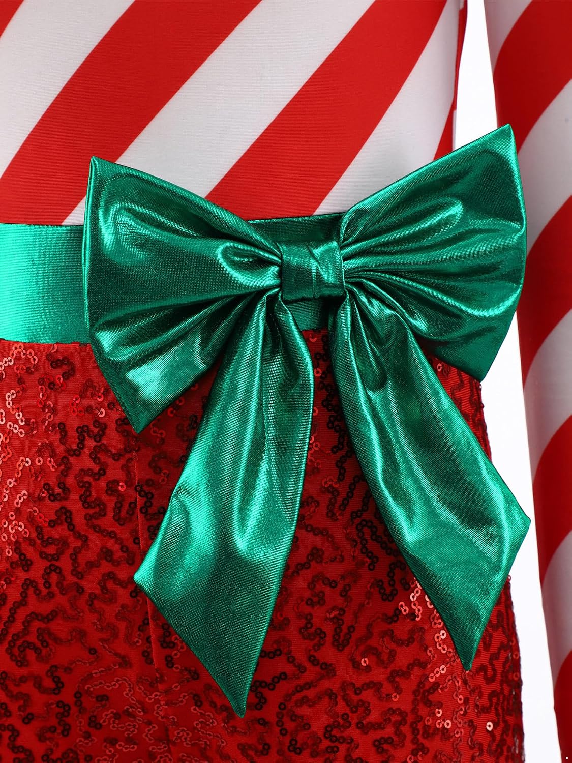 Agoky Girls Christmas Dance Leotard Bow Striped Sequin Shorts Jumpsuit Candy Cane Gymnastics Ballet Unitard
