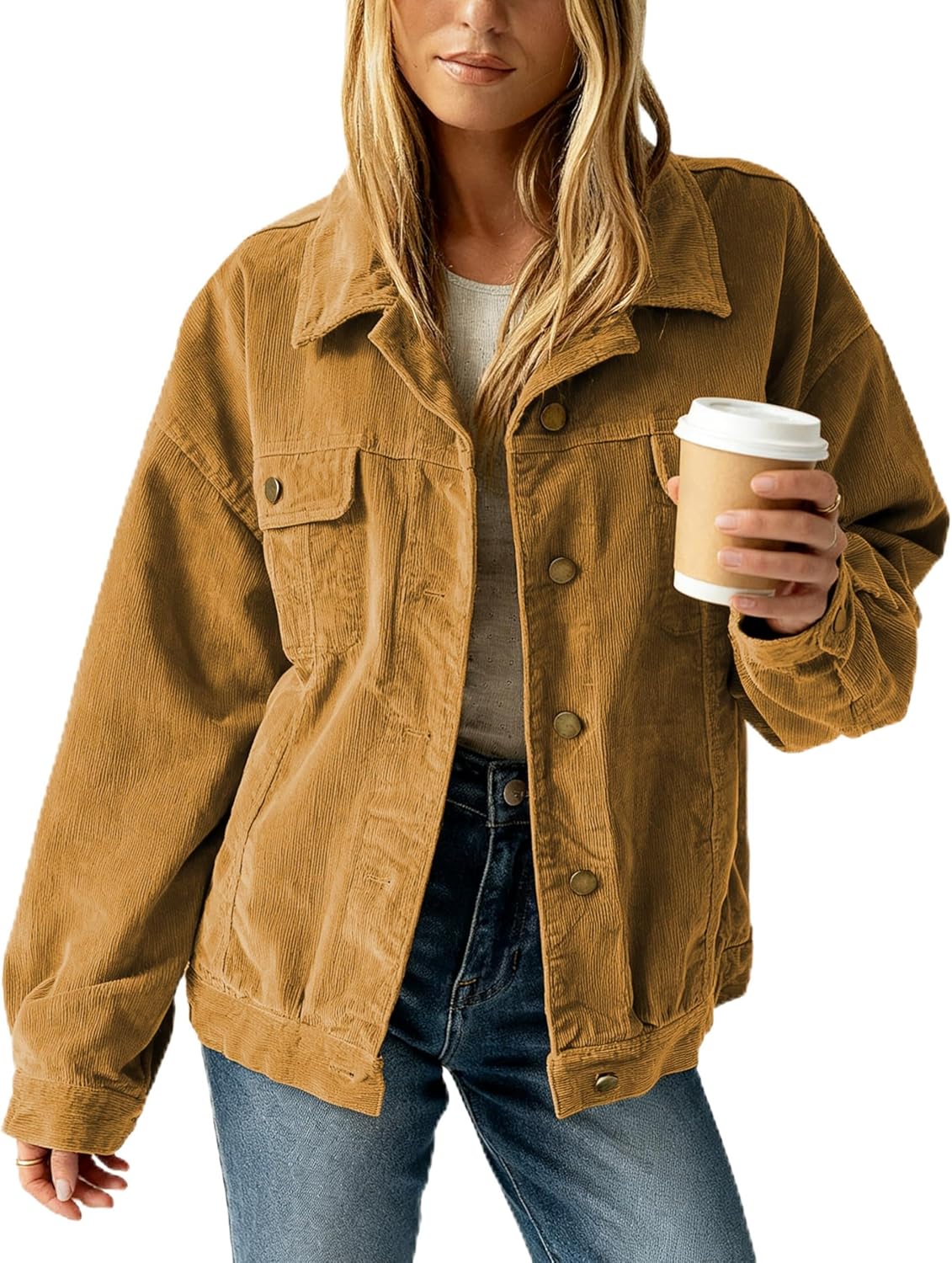 Women's Corduroy Shacket Oversized Jacket Vintage Button Down Shirt Jacket with Chest Pockets Fall Winter Layering