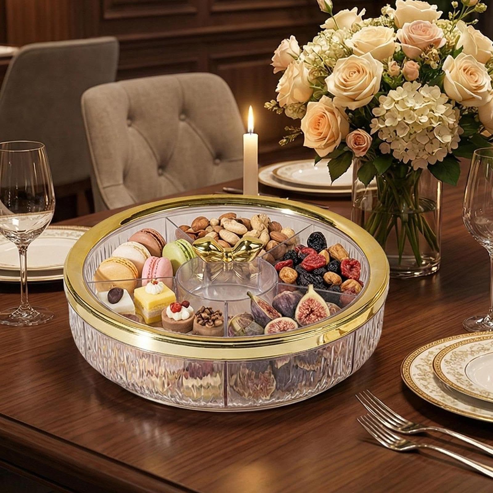 Servierplatte für Speisen, Trockenfrüchte, drehbare Bonboniere, Snackplatte für Hochzeitsfeiern, Goldener Bogen