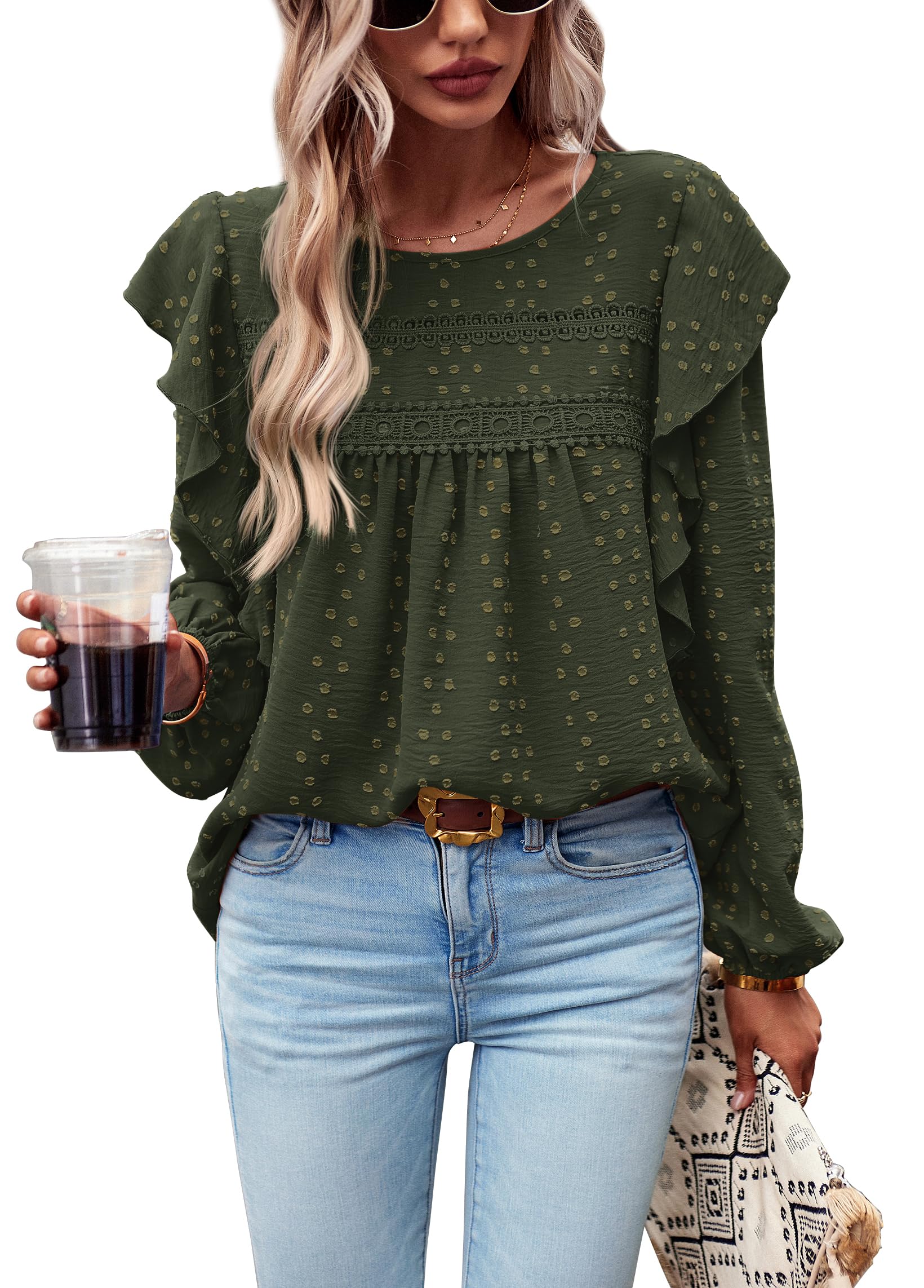 PRETTYGARDEN Women's Long Sleeve Blouses Ruffle Swiss Dot Crochet Loose