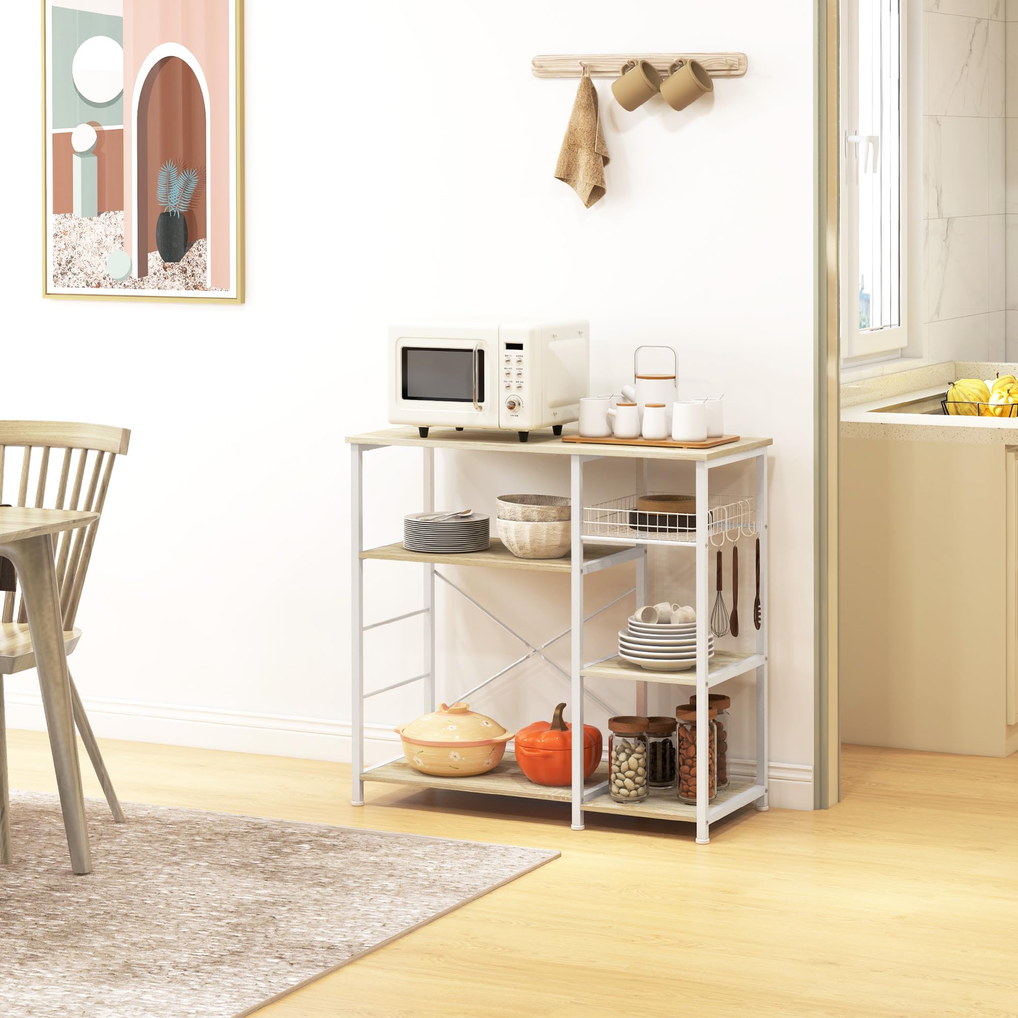 HOMCOM Estantería de Cocina Moderna Estante de Cocina con 1 Cesta 4 Ganchos en S 6 Almohadillas de Pie Ajustables y Estantes 90x40x84,5 cm Roble y Blanco