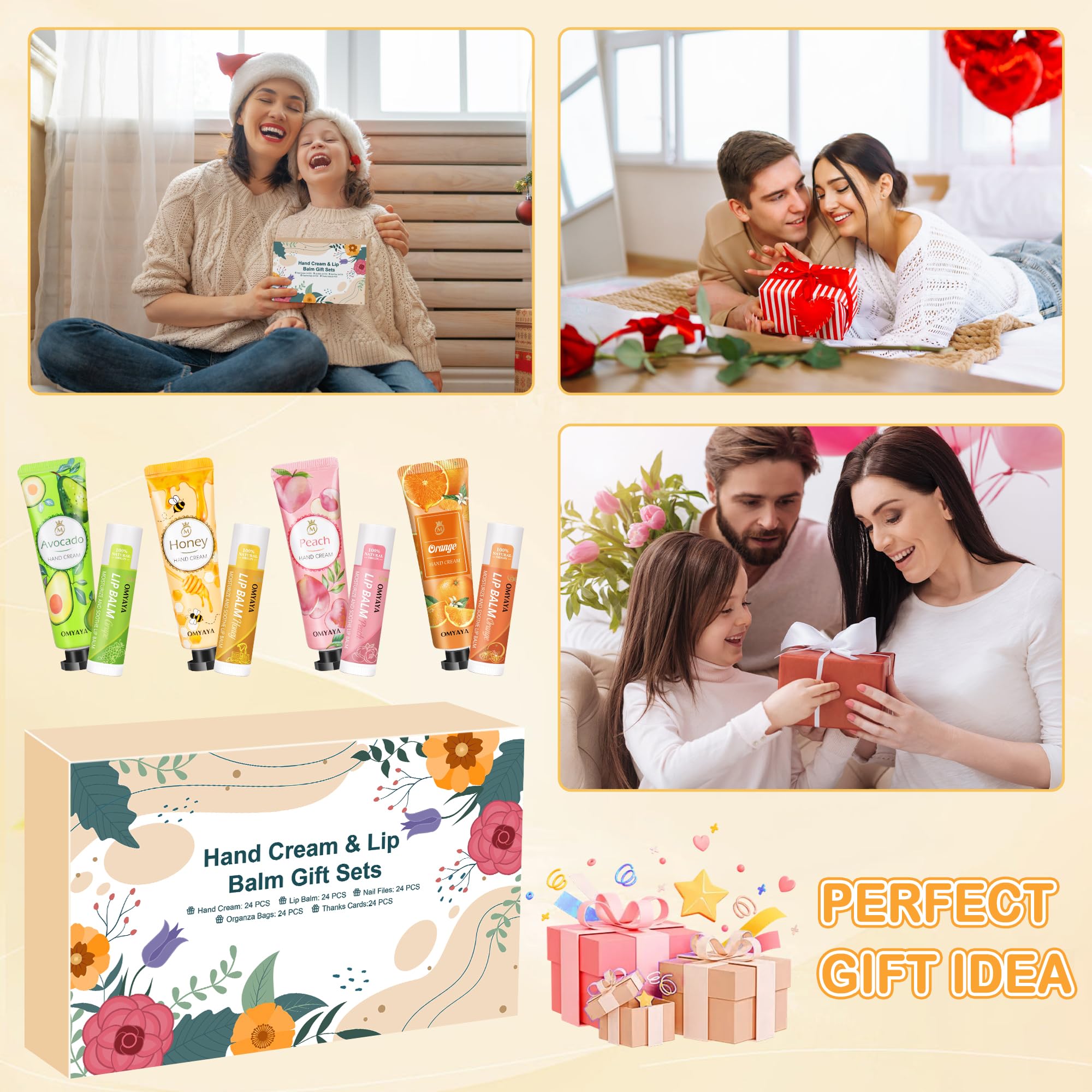 24 Sets Bulk Gifts For Women, Hand Cream Lotion, Lip Balm, Mini Nail Files Gifts Set with Organza Bags, Thank You Card, Baby Shower Bridal Wedding Favor for Guests, Christmas Gifts for Women