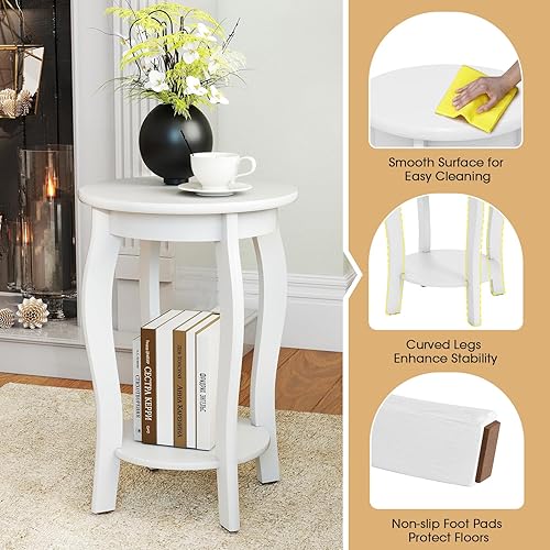 Miniatura 14 de GOFLAME Juego de 2 mesas auxiliares redondas de 2 niveles, mesa auxiliar moderna de mediados de siglo con estante de almacenamiento, patas de madera