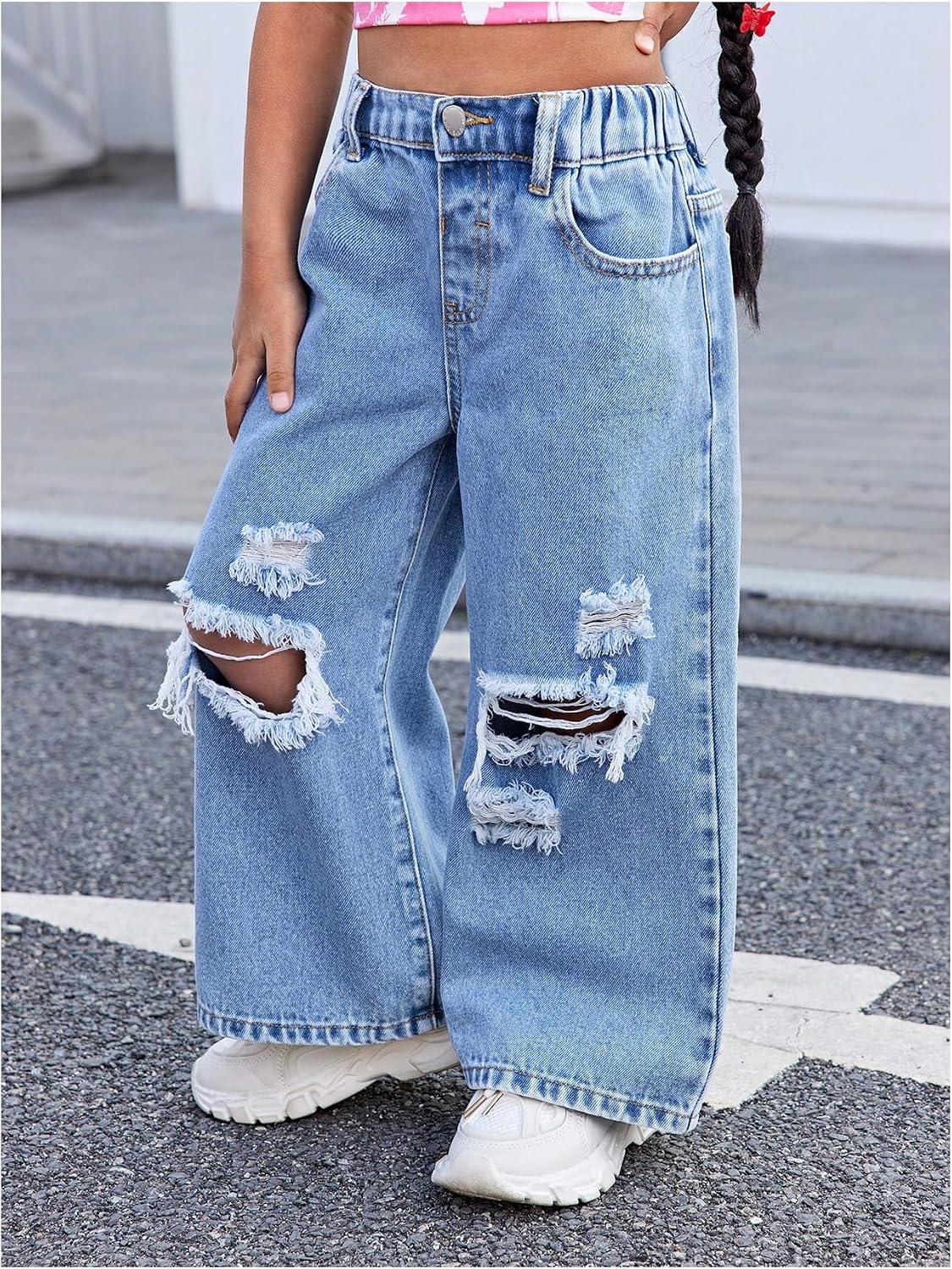GORGLITTER Girls Baggy Fall Jeans Denim Ripped High Waisted Straight Wide Leg Cargo Joggers Pants