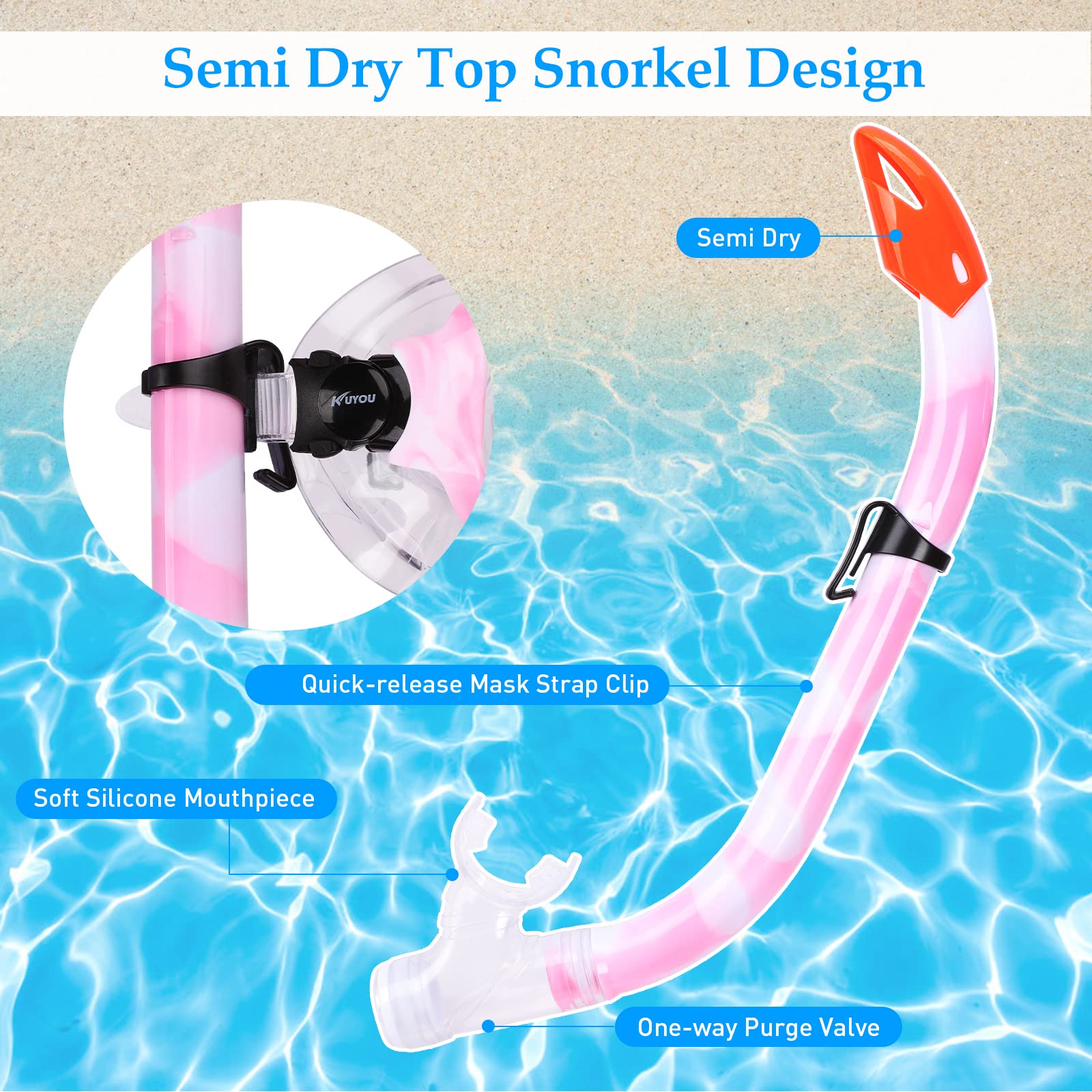 Kids Snorkel Set, Children Anti-Fog Diving Mask Swimming Goggles Semi-Dry Snorkel Equipment Snorkeling Packages Swimming Gear for Youth Boys Girls Age 5-10 (Pink White)