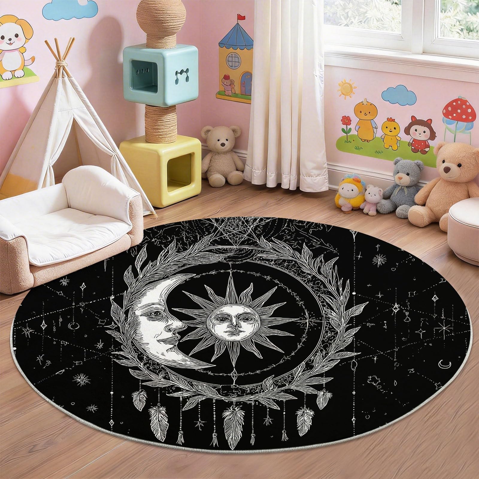 Générique Classique Soleil Lune Tapis Rond Enfant 180 cm, Lavable & Antidérapant, Noir Boho Ethnique Gothique Tapis de Jeux Doux pour Chambre Bébé & Nurserie