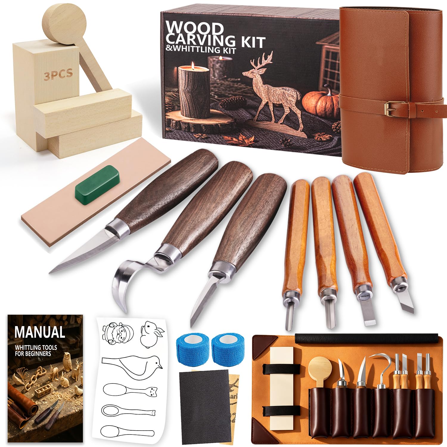 Wood Carving Kit Woodworking Chisel: Bluvizo Professional Whittling Craft Set, Starter 20 Pcs Deluxe Hand Tool Kit with Luxury PU Leather Case, Gift for Beginners Adults Kids DIY Fun-image-29
