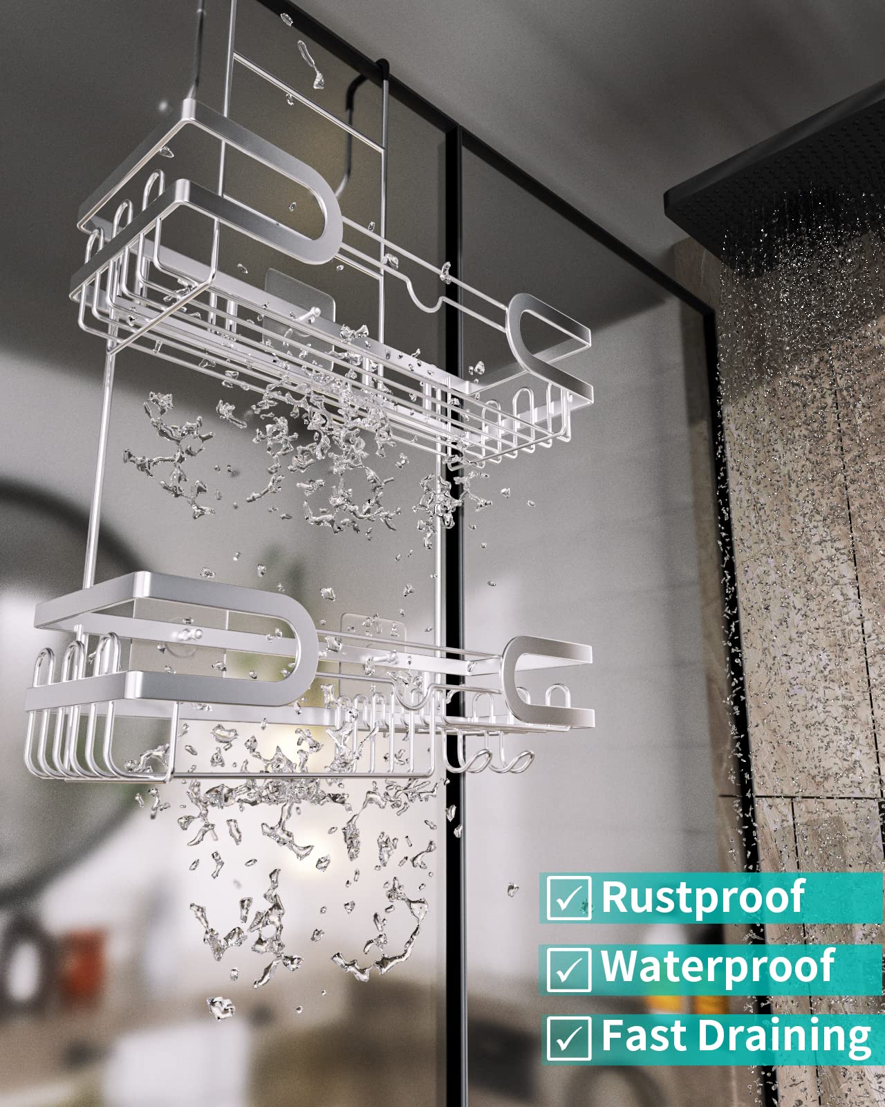 HapiRm Shower Caddy over Door with 14 Hooks and Soap Holder, No Drilling Hanging Shower Caddy, Rustproof & Waterproof Stainless Steel Hanging Shower Organizer for Bathroom-Silver