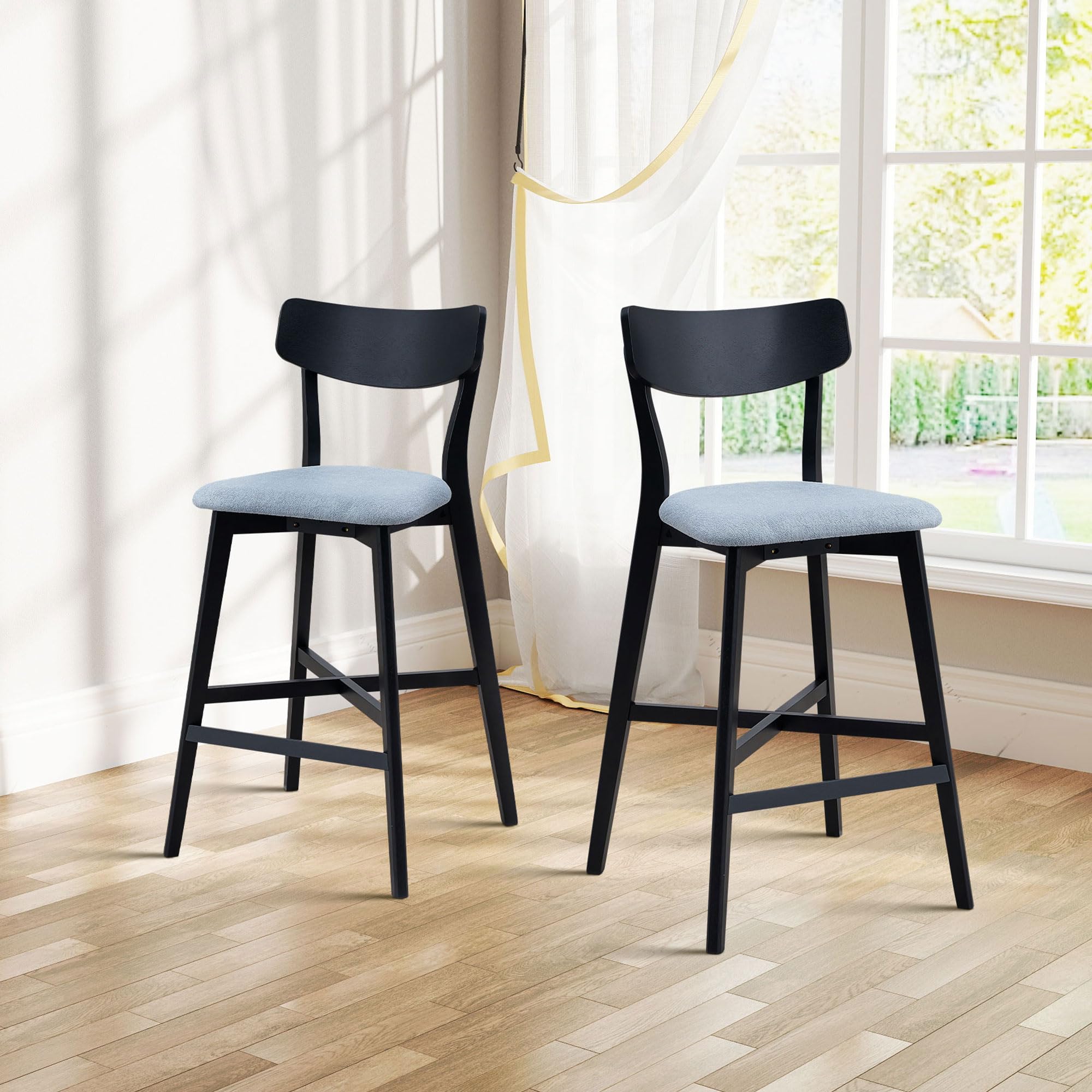 Wooden Bar Chairs Set of 2, Modern Upholstered Kitchen Island Stools, Counter Height with Backrest and Footrest, Black Suitable for Living Rooms, Kitchens YJX-W2582P197586