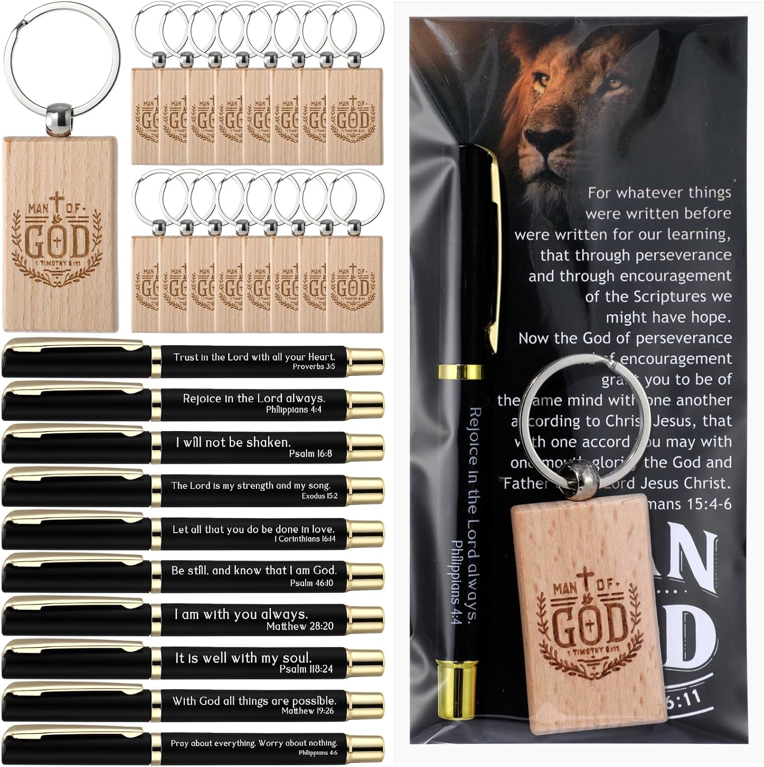 15 Sets Man of God Pens Bulk Christian Gifts Religious Ballpoint Pen Bible Verse Cards Keychains Inspirational Gifts for Father Man Godfather Church Party Favors Supplies