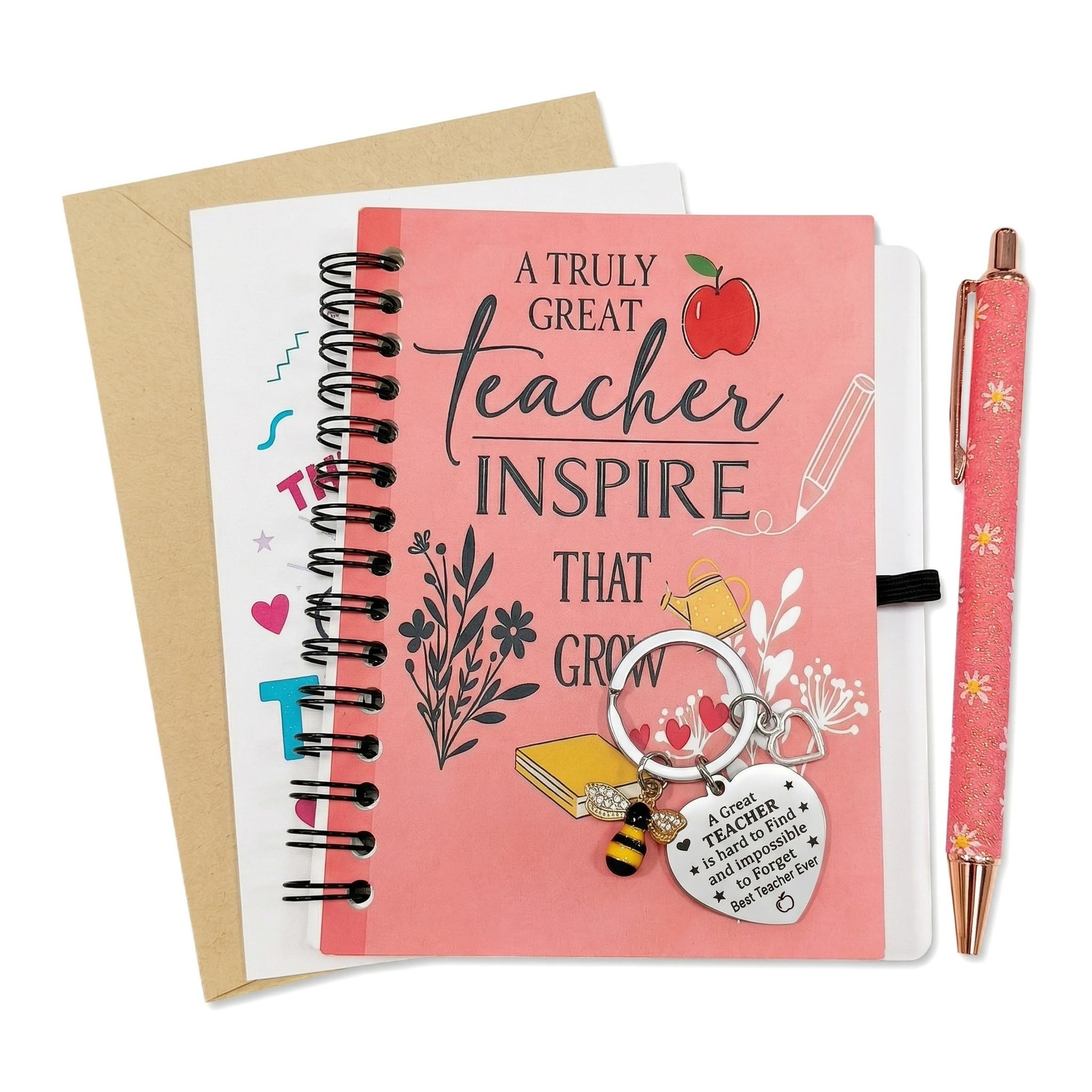 YANFALE Teacher Gifts, Thank You Gift for Women, Leaving Gifts for Women, Four-In-One Notebook and Pen Set, Keyring, Card, Womens Gift Ideas, Stationery Presents for Women