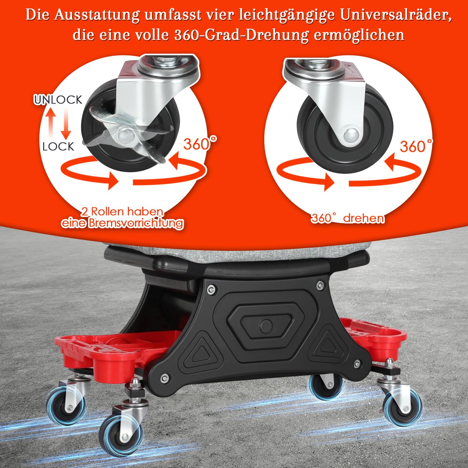 Werkstatthocker Rollhocker Arbeitshocke, Werkstatt Rollsitz 185kg Belastbar, mit Aufbewahrungstrays, abnehmbaren Sitzkissen und verriegelbaren Rollen