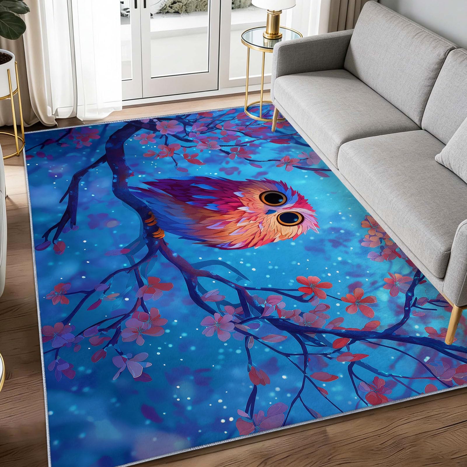 Linda alfombra de salón con ramas de búho, 120 x 170 cm, animales de fantasía de franela, lavable, antideslizante, alfombra de pelo corto, alfombra de suelo para salón, comedor u oficina, fácil de