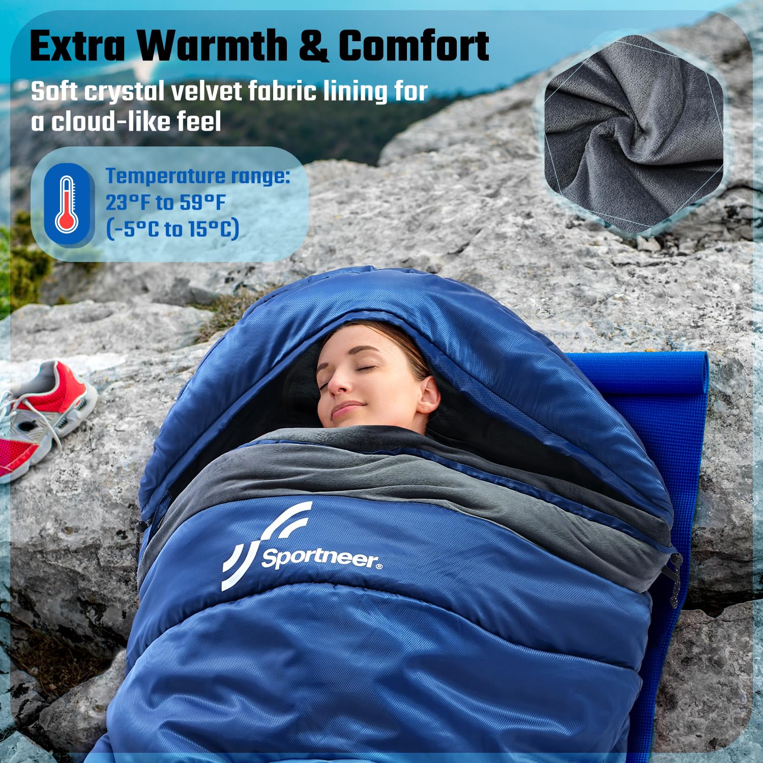 Sportneer Sacco a pelo Invernale, 230 x 90 cm, Peso 3 kg, Portatile, con Sacco a Compressione per Campeggio, Escursionismo e Zaino in Spalla