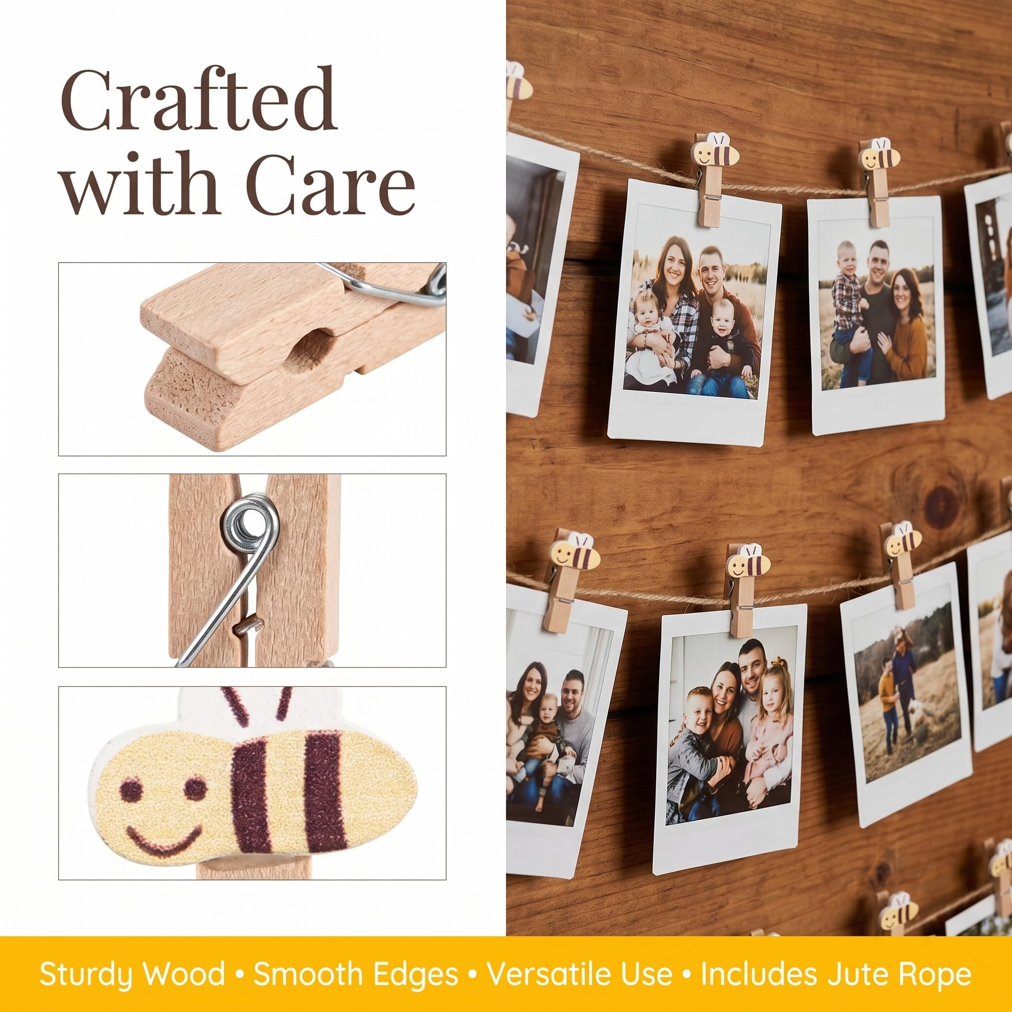 Veemoon Mini-Wäscheklammern aus Holz, Bienenklammern, Beige, Bastelklammern mit Seil, Foto-Display, Babyparty, Partyzubehör, 30 Stück
