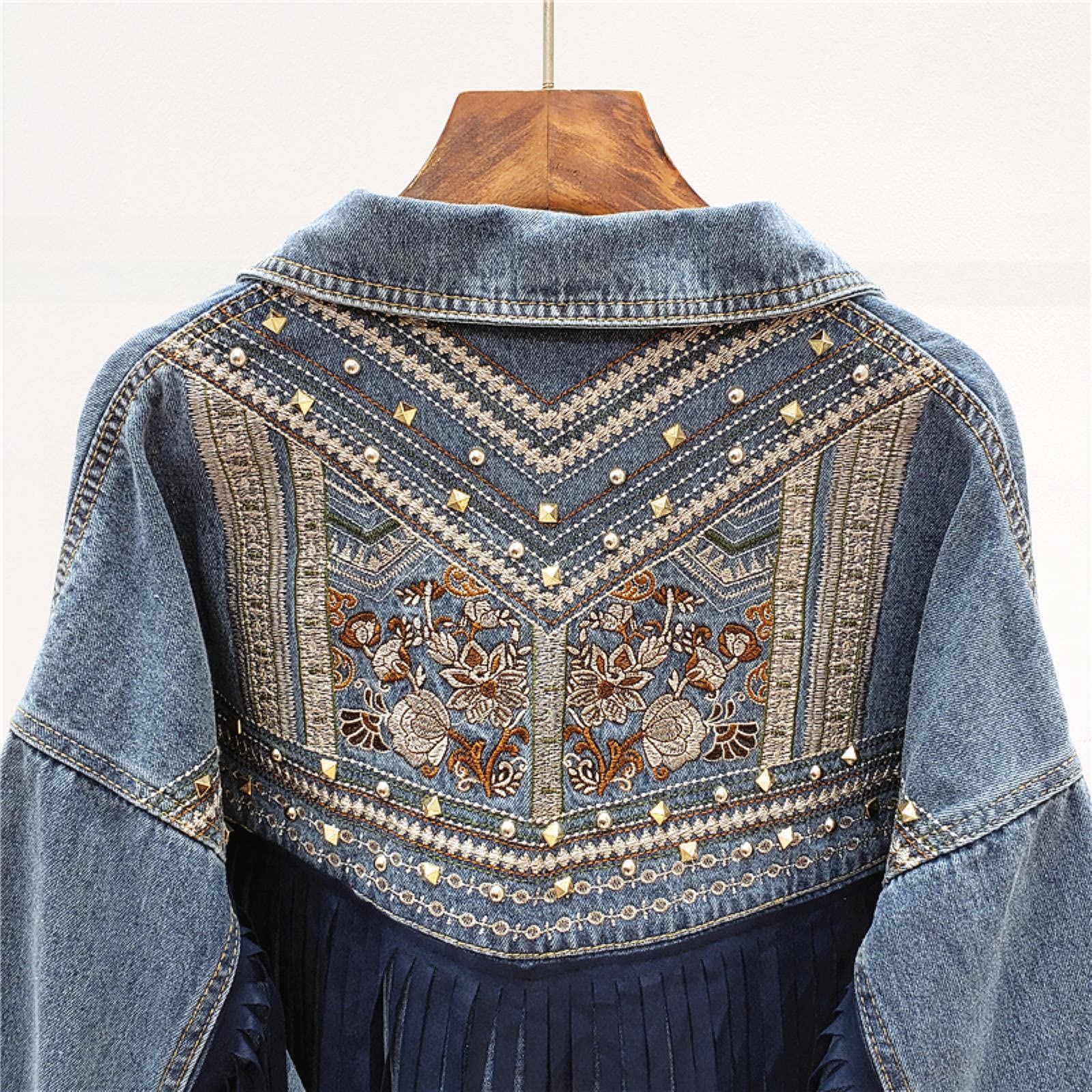 UKKO Giacca di Jeans Giacca in Denim Coreano Ricamo Floreale Nappa Giacca A Maniche Lunghe Giacca A Maniche Lunghe Giacca da Donna Veste Femme-Navy Blue,S