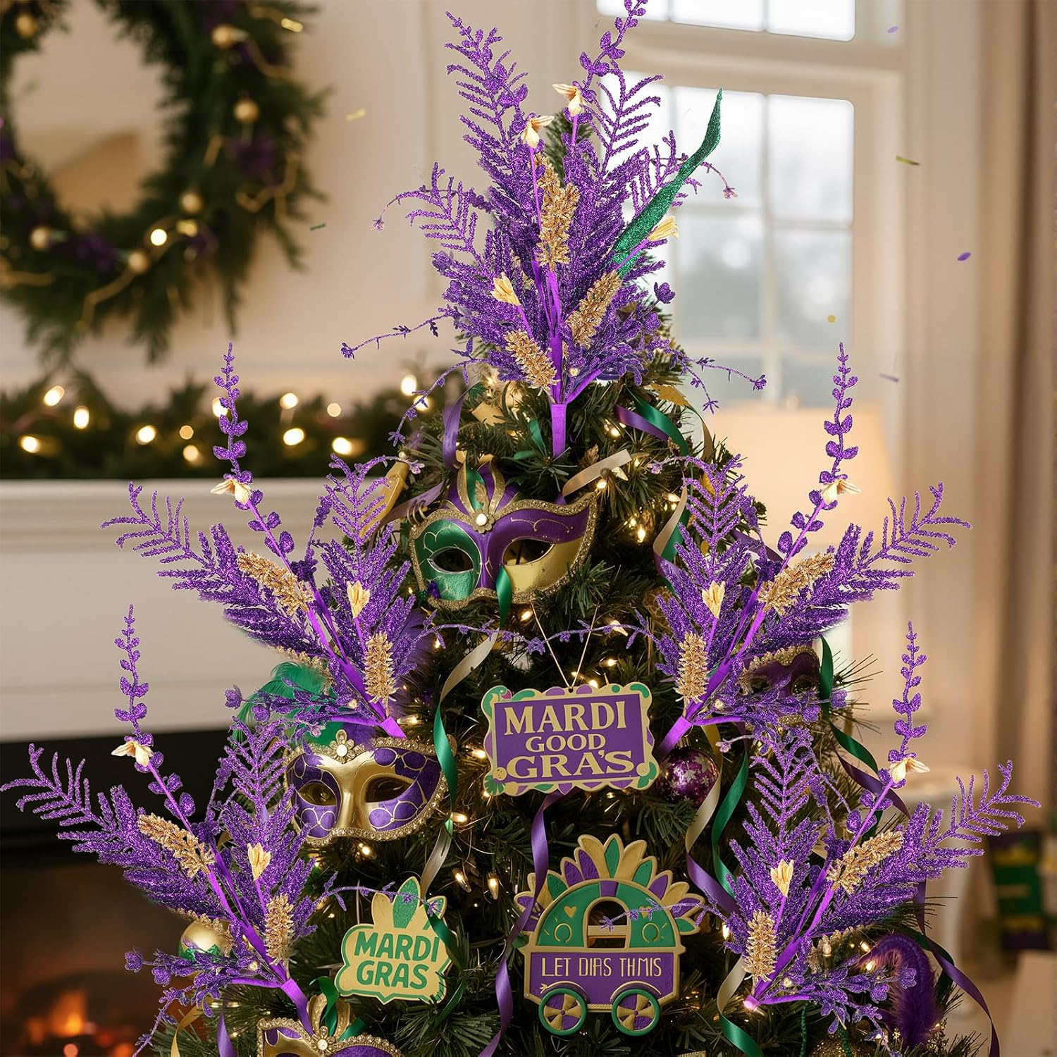 Suncalla 8 Pcs Mardi Gras Glitter Berries Stems 17 Inch Purple Green and Gold Berry Branches Artificial Picks Sprays for Mardi Gras Party Decorations Table Centerpiece Decor