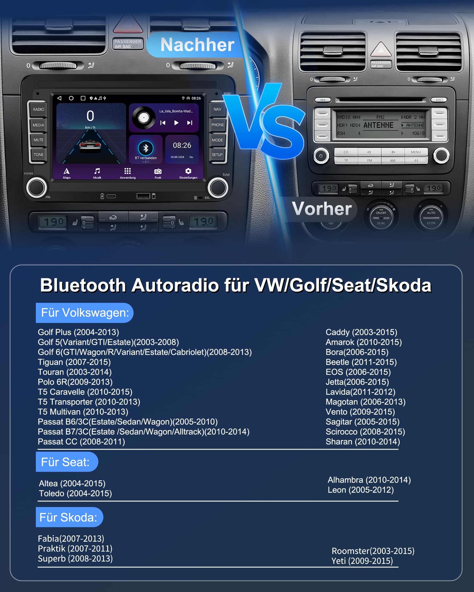 Ledio Bluetooth Autoradio mit Bildschirm für VW Golf 5 6 T5 Polo 6r Caddy Passat Touran Seat, Auto Radio mit Navi WLAN FM/AM Dab Radio, Apple Carplay Android Auto Mirrorlink 2Din 7 Zoll Android 14 GPS