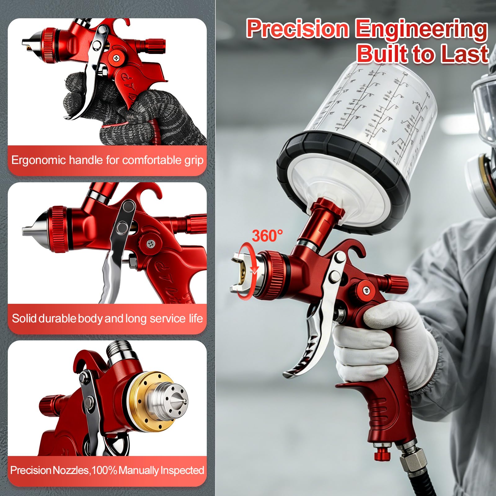 HVLP - Pistola de pulverización con kits de 4 boquillas de 1.4/1.7/2.0/2.5 mm, pistolas de pintura automotrices con 2 tazas, 10 vasos de pintura desechables de 650 ml, pistola de pulverización de