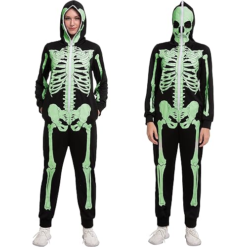 Spooktacular Creations Adult Women Men Skeleton Glow in the Dark Onesie Pajama Jumpsuit for Halloween Costume, Trick or Treat, Themed Party-S