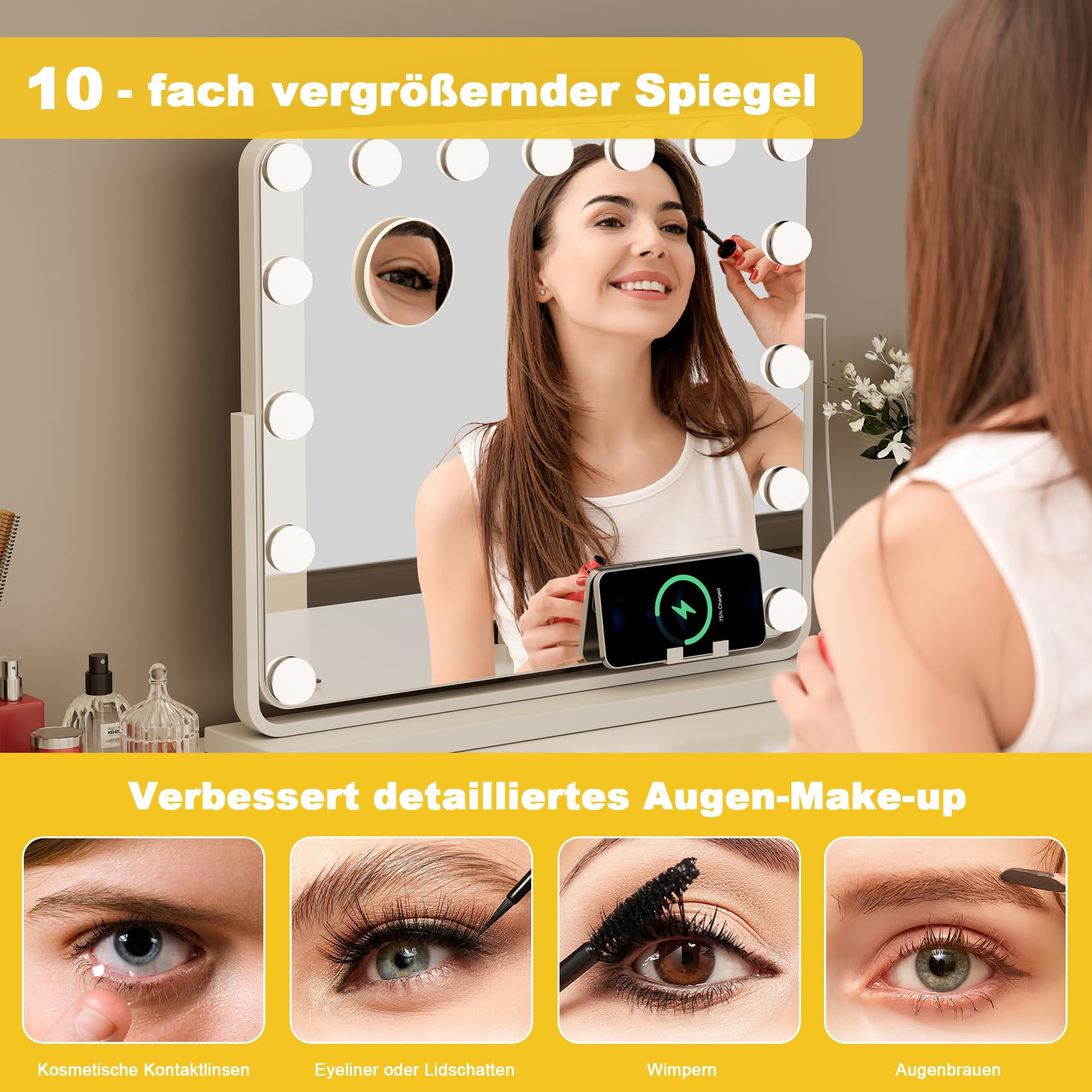 Hollywood Schminkspiegel mit Beleuchtung 60x49cm, Kosmetikspiegel mit 15 LED, 360° Drehbarer Schminktisch Spiegel mit Licht, 3 Lichtfarben, Dimmbarer, mit USB und 10x Lupe-Weiß