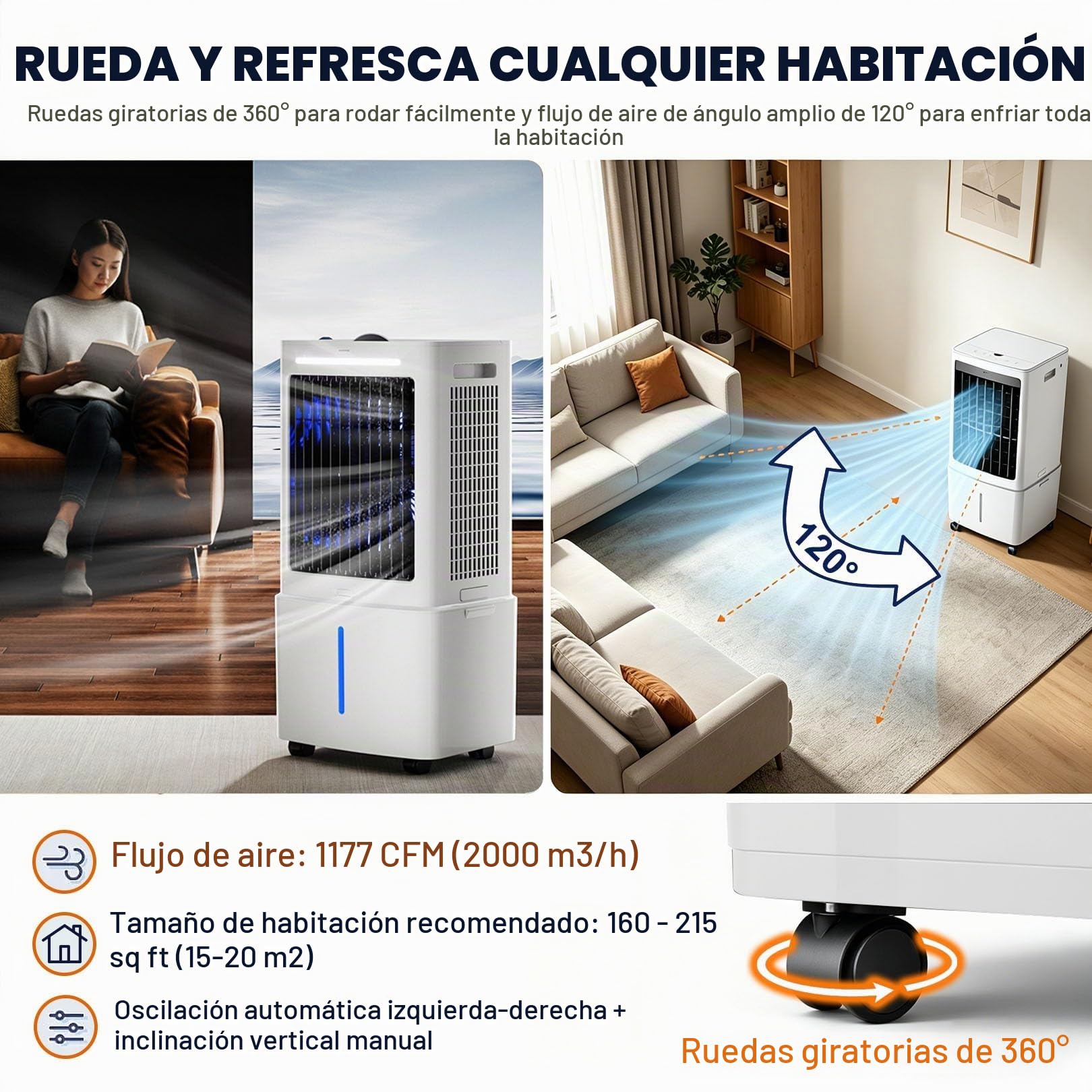 Enfriador de aire evaporativo 3 en 1 con control remoto, tanque de agua de 25 L, ventilador de enfriamiento evaporativo con 3 velocidades, 3 modos de viento, oscilación de 120°