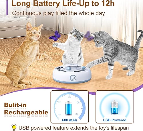 Miniatura 6 de Cat Toys - Juguete interactivo automático 3 en 1 para gatito, ratón de emboscada en movimiento, mariposa aleteando, bolas de pista, alimentado por