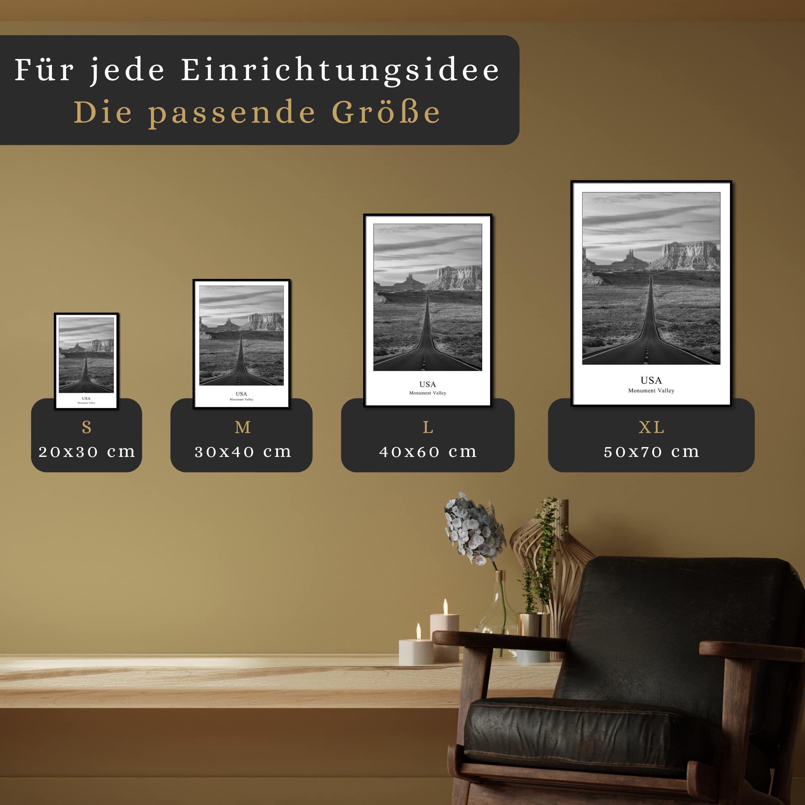 daazoo Wandbild Monument Valley | gerahmtes Bild Rahmenbild | USA Hochebene Utah Arizona Filmkulisse Tafelberg Felstürme Natur | Bild schwarzweiss schwarz weiß mit Rahmen | 50 x 70 cm