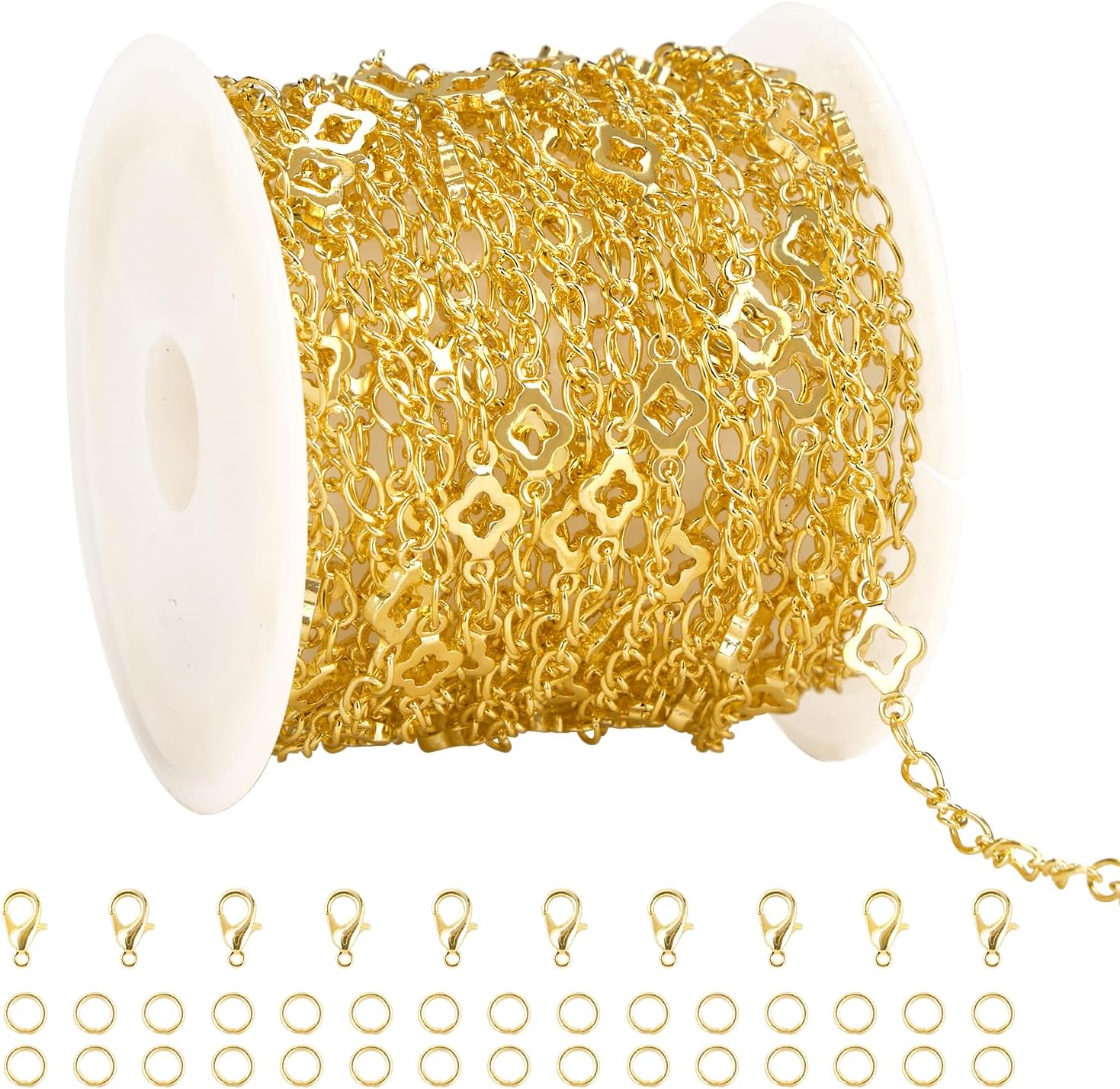 5.5 mm Four Leaf Clover Jewelry Chain Roll Gold Plated Chains for Jewelry Making with Lobster Clasps and Jump Rings 16.4 Feet