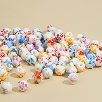 ToBeIT 100pcs Ceramic Beads Flower Decal Spacer Beads Chinese Handmade Spacer Beads for Jewelry Making10mm