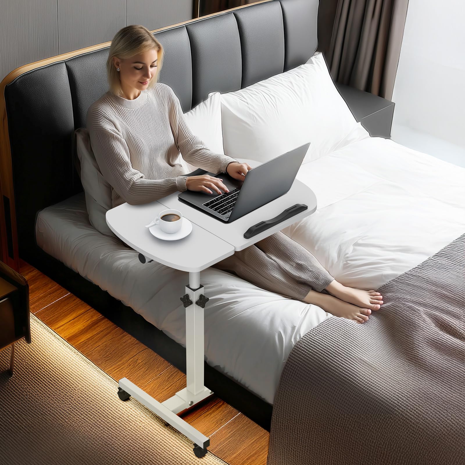 Soontrans Table de lit sur roulettes - 60 x 40 cm - Réglable en hauteur - Plateau inclinable à plusieurs angles - Pour lit d'hôpital, lit de soins, salon, chambre à coucher, bureau (blanc)