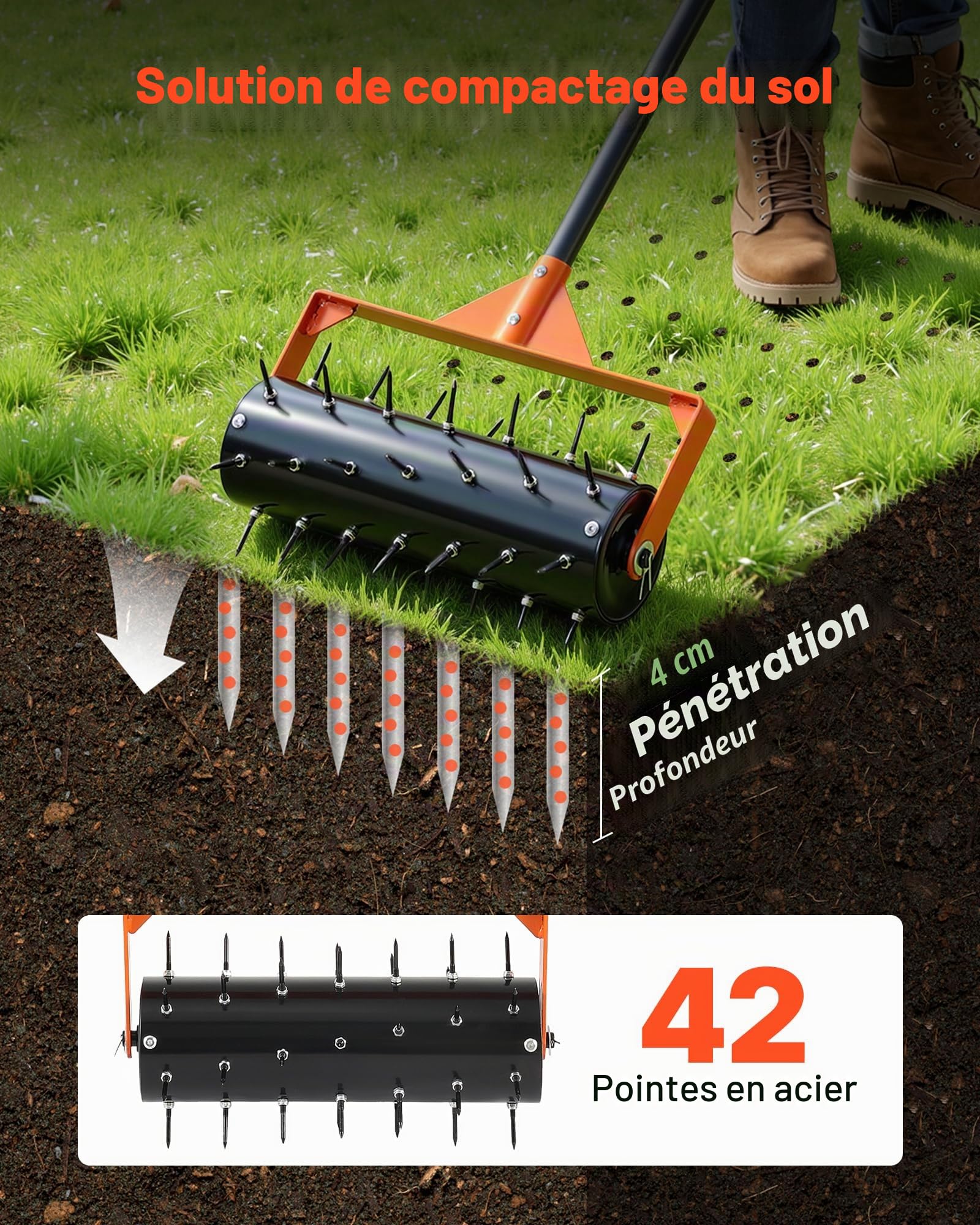 VEVOR Aérateur de Pelouse Roulant 41 cm Aérateur de Gazon Manuel à Pousser Outil d'Aération de Terrasse pour Sols Compactés dans Jardin Cour, avec 42 Pointes 5,5 cm, Manche Long, Rouleau Remplissable