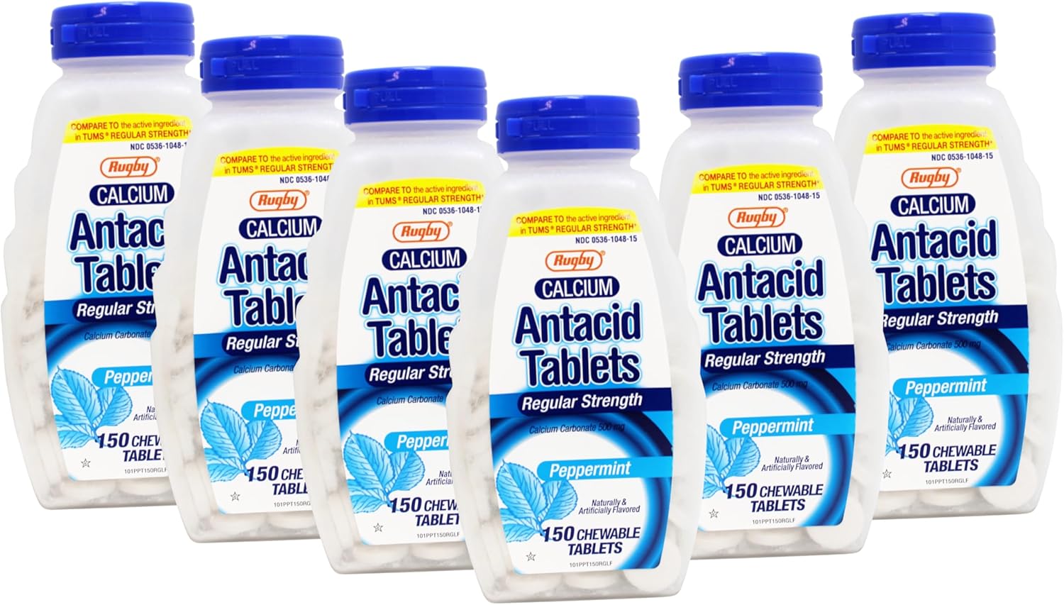 Rugby Calcium Carbonate 500mg Antacid Tablets Peppermint, Regular Strengh, 150 Chewable Tablets - 6 Pack