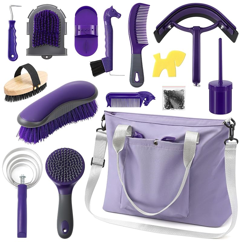 Kit de Escovas para Cavalos Abbylike com Bolsa Organizadora e 15 Peças (Roxo e Cinza)