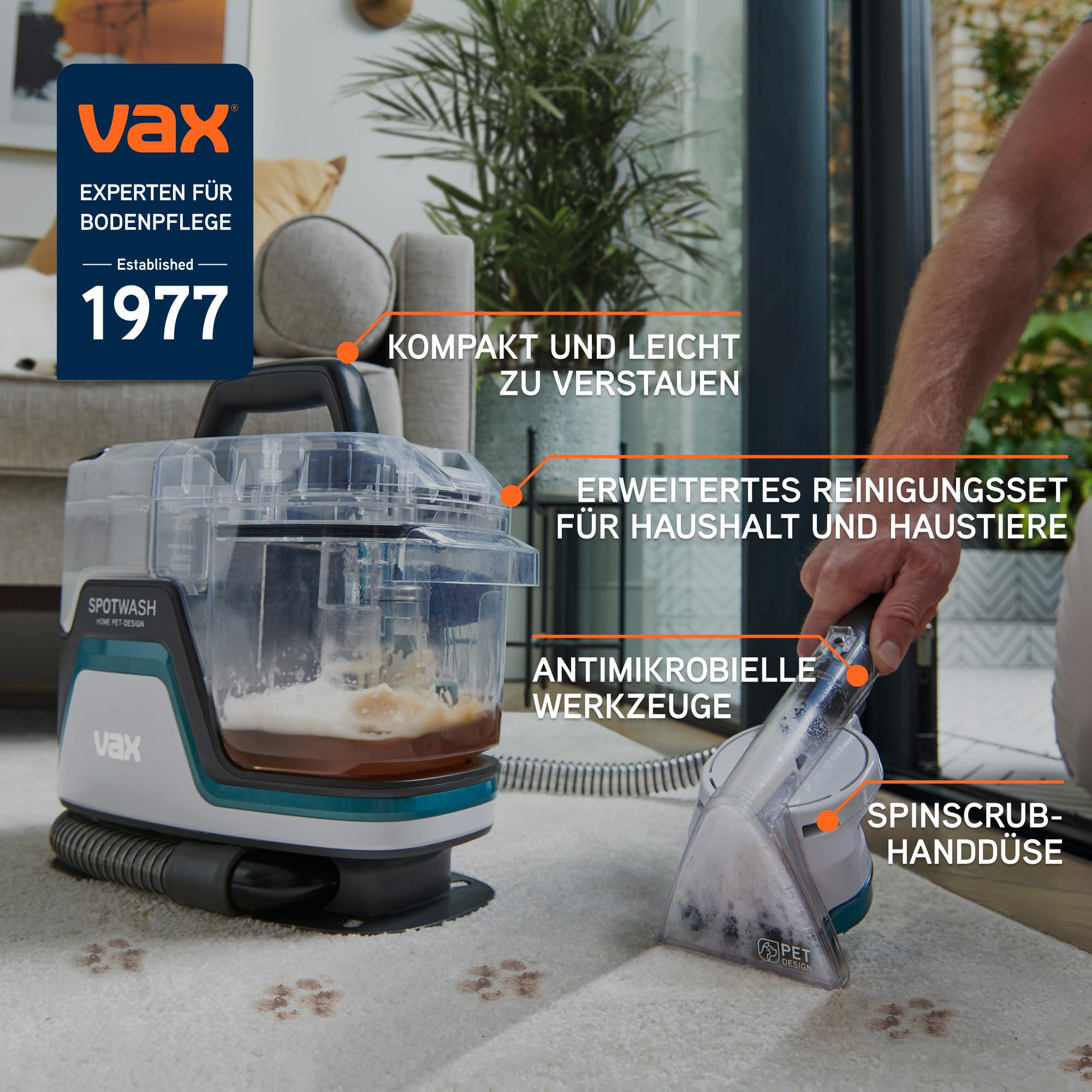 Vax SpotWash Home Haustier-Design Fleckenentferner für Teppiche und Polstermöbel mit SpinScrub-Technologie, kraftvolle Tierpflege, schnelltrocknend und tiefenwirksam