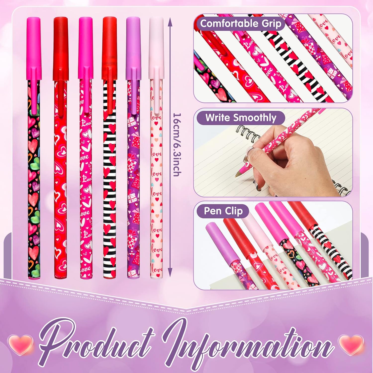 Sepamoon 48 Pcs Valentine's Day Ballpoint Pens Bulk Valentines Day Gift Heart Ballpoint Smooth Writing Pen Black Gel Ink for Wedding Party Office Stationery Colleagues Teacher Birthday Supply, 0.7mm - Image 2