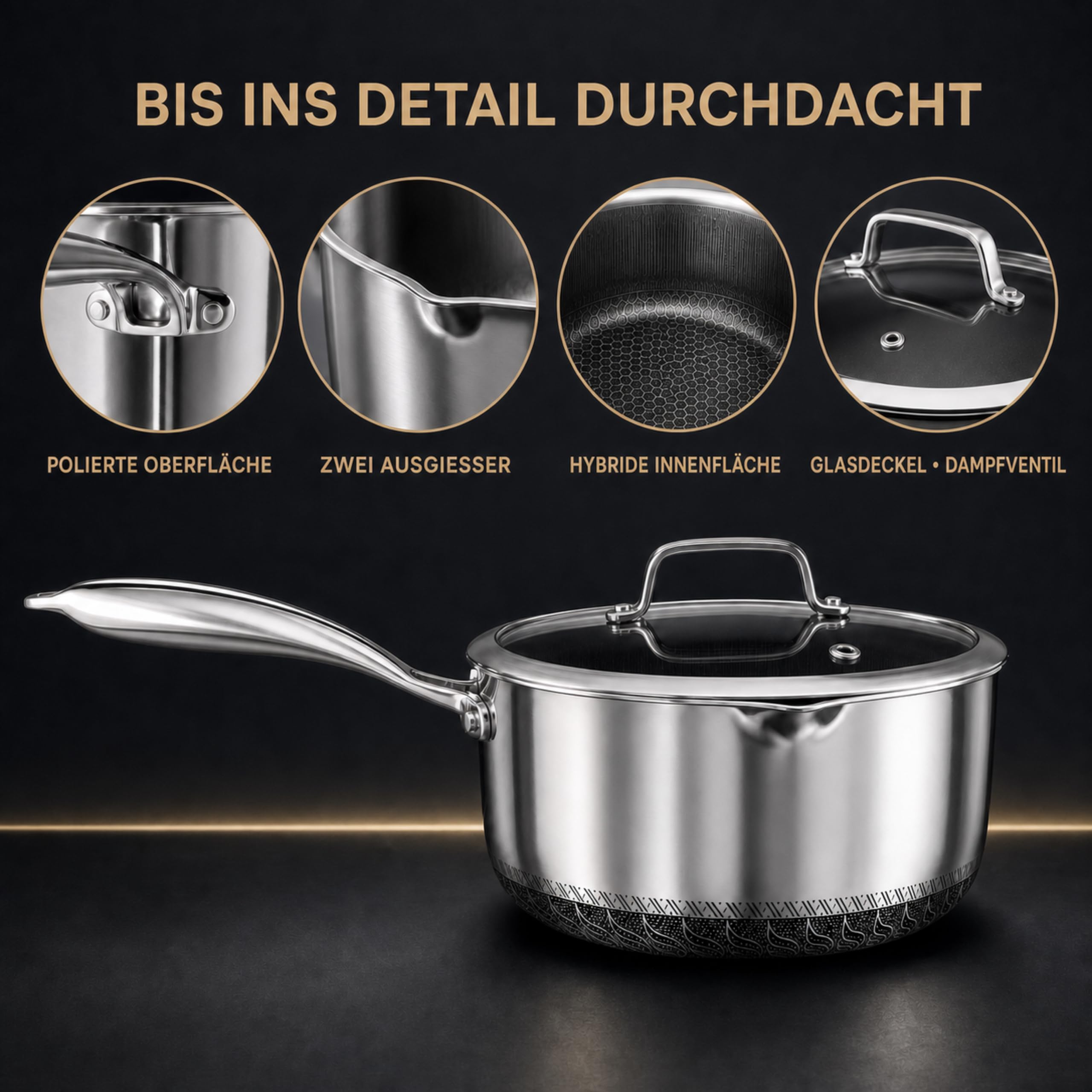 Stielkasserolle mit Deckel, 20 cm/2L, antihaftbeschichtet, für Induktion, Kochtopf mit Ausgießer, kühlbleibender Griff, kratzfest,