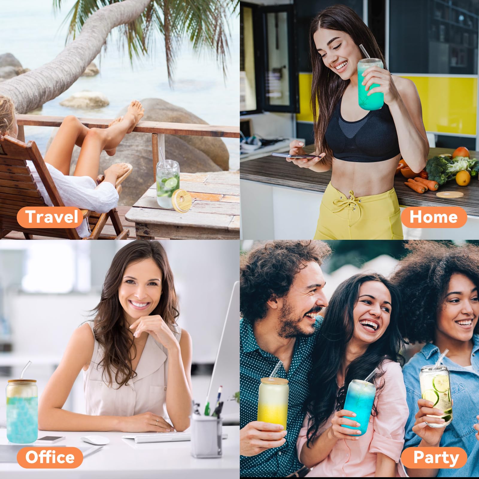 36 vasos con popote de vidrio y tapas de bambú, con forma de lata de cerveza de 16 onzas, vaso de café helado, taza transparente para cóctel, cola, jugo, refrescos, té, agua, juego de regalo