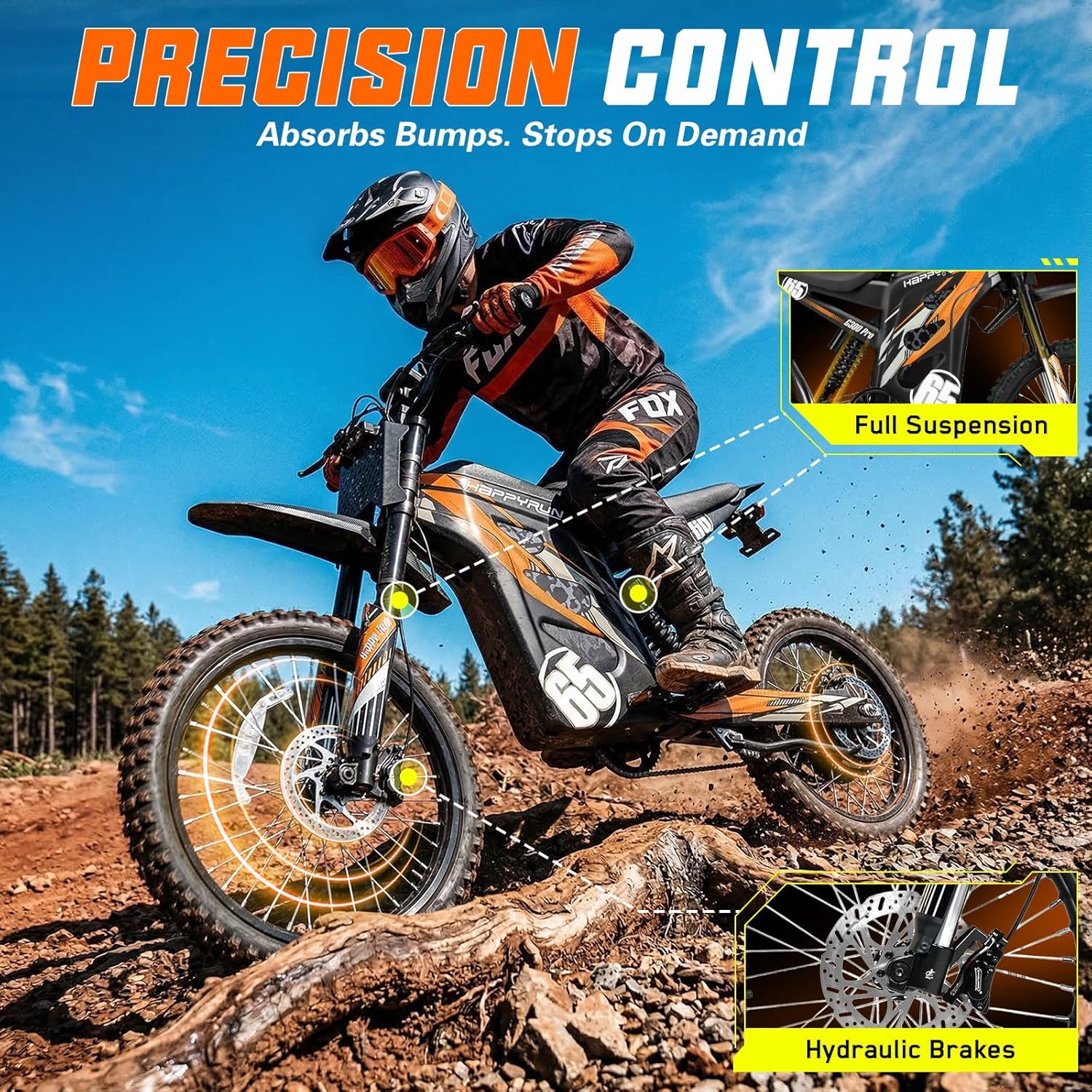 HAPPYRUN G300 Pro Electric Dirt Bike for Adults, 72V 30Ah Battery, 6500W Motor, 50 MPH Speed, 70 Mile Range, 350 Lbs Load Capacity, Hydraulic Brakes Black