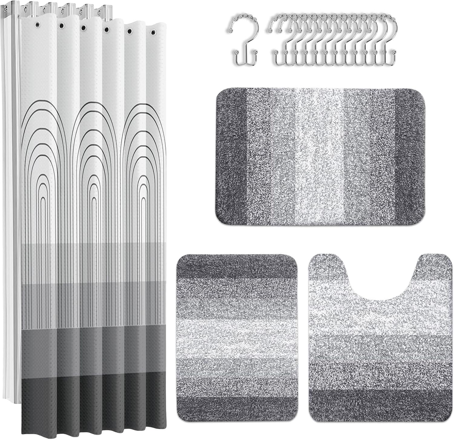 Britimes Bathroom Sets with Shower Curtain and Rugs Set of 4 Abstract Grey