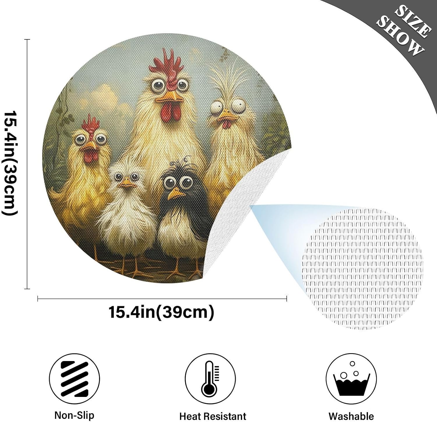 Cute Funny Chickens PVC Placemat, Washable Heat Resistant Round Placemats for Kitchen, Set of 6
