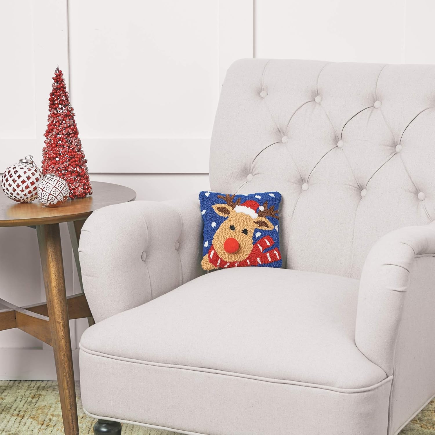 C&F Home Reindeer Santa Hat Hooked Christmas Small Petite Mini Accent Pillow 8" x 8" XMAS Festive Winter Holidays Snowflakes Red White Striped Scarf Home Living Room Sofa Couch Chair Bed Bedroom Decor