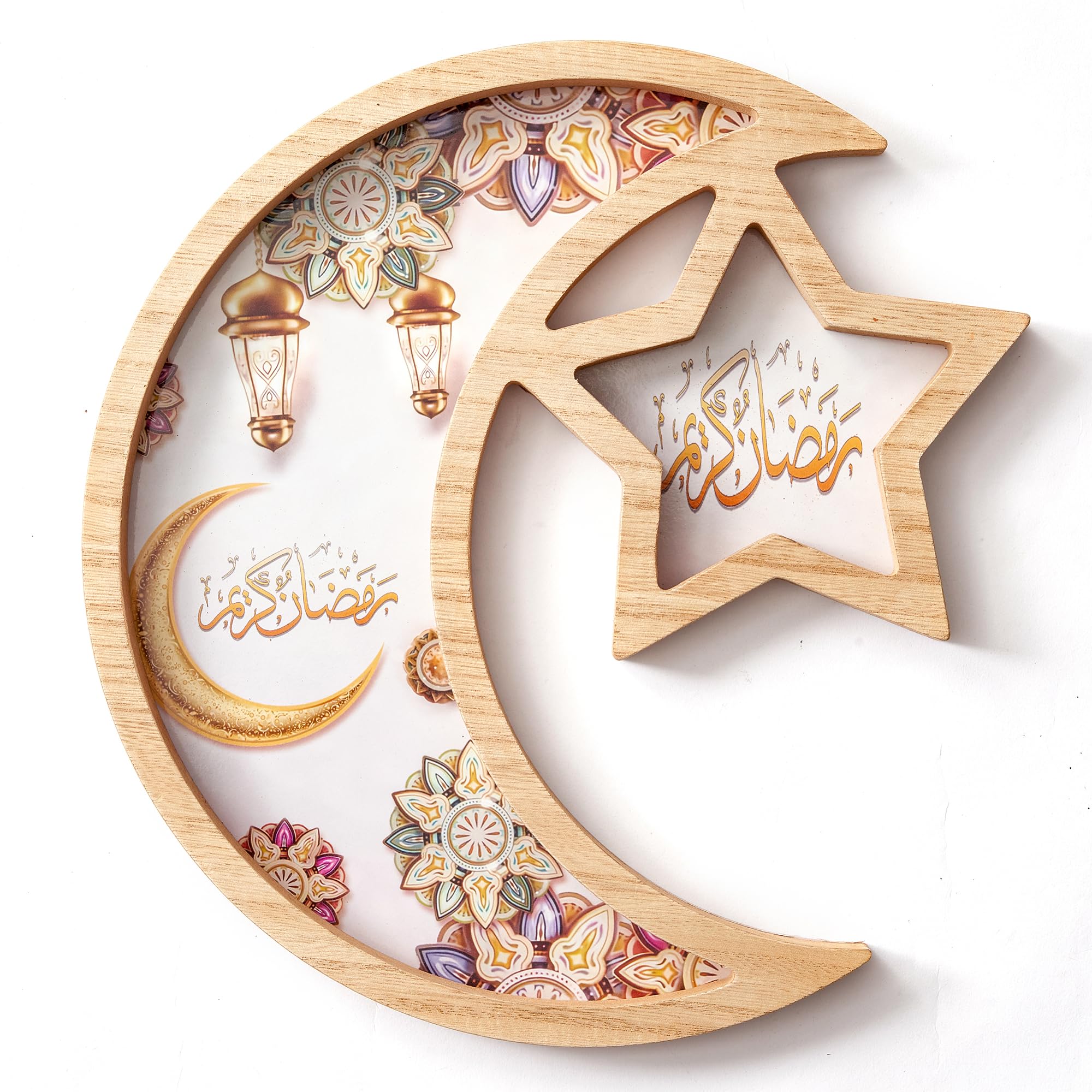 Ramadan Tray Eid Tray, Star and Moon Tray Ramadan Serving Tray for Home Decor Food Tray Plate, Eid Mubarak Decorations for Table (Wood)