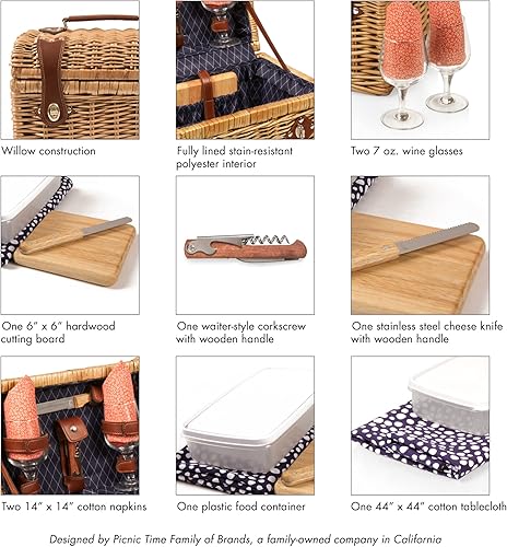 Miniatura 8 de PICNIC TIME - Cesta de picnic para vino y queso de Napa para 2 personas - Juego de cestas de picnic de vino - Cesta de vino con copas de vino