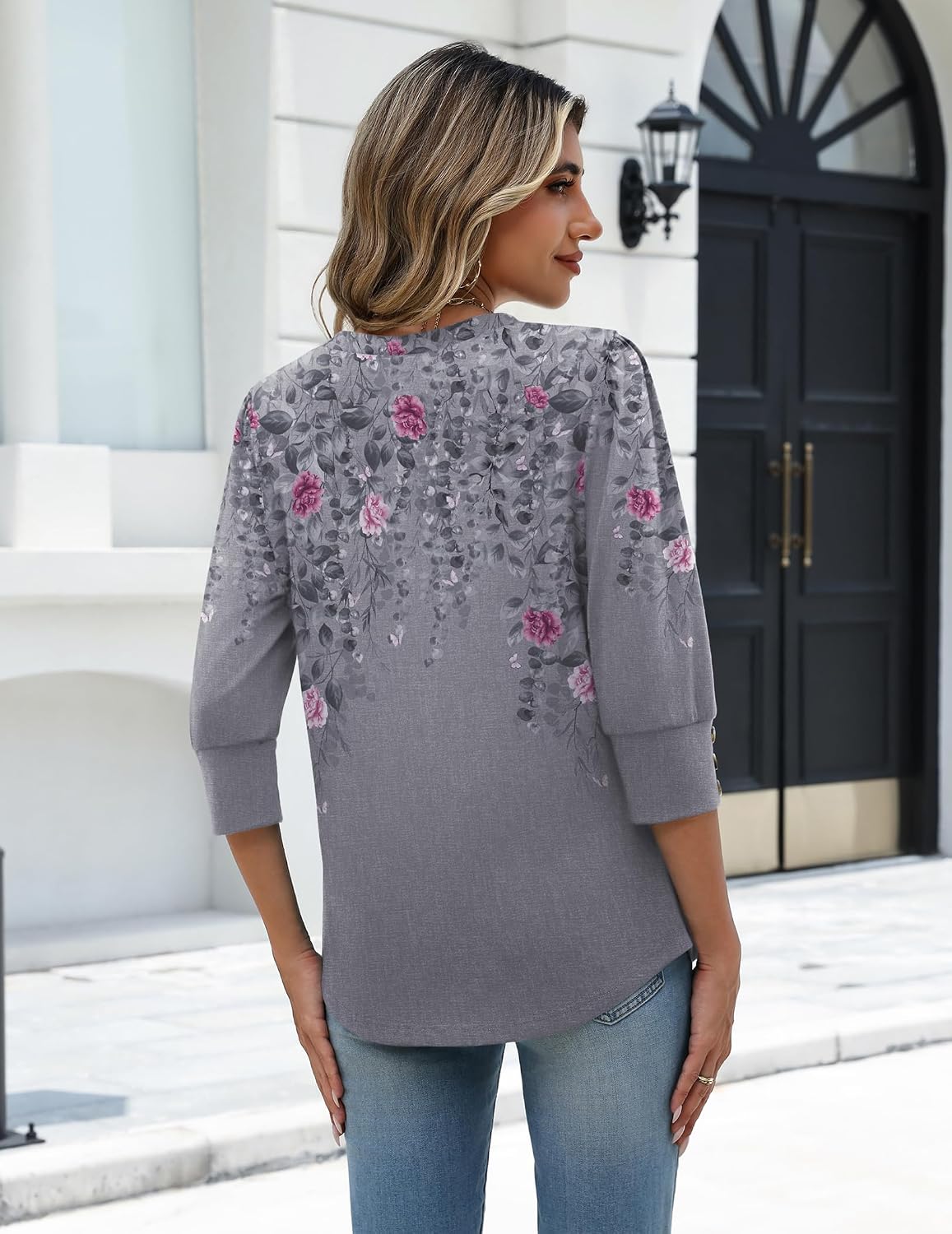  Womens 3/4 Sleeve V Neck T Shirts Dressy Casual Tops | Business Work Tops, Going Out Blouse, Early Fall Fashion Outfits, Soft Basic Tee thumbnail