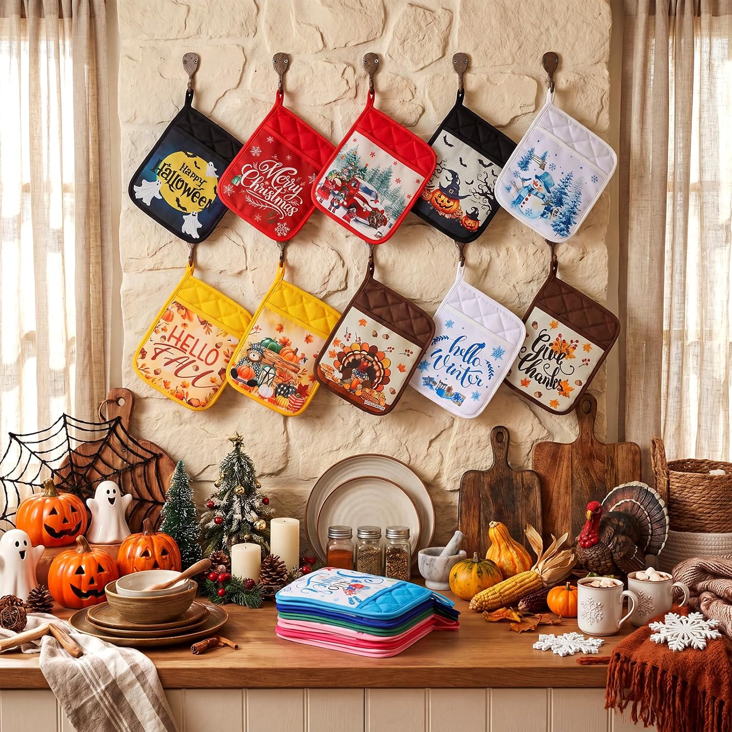 Breling 24 Pcs Fall Pot Holders with Pocket Fall Kitchen Decorations Heat-Resistant Fabric Pads with Hanging Loops Harvest Pumpkins Decor for Kitchen Seasonal Pads for Cooking Accessorie (Classic)