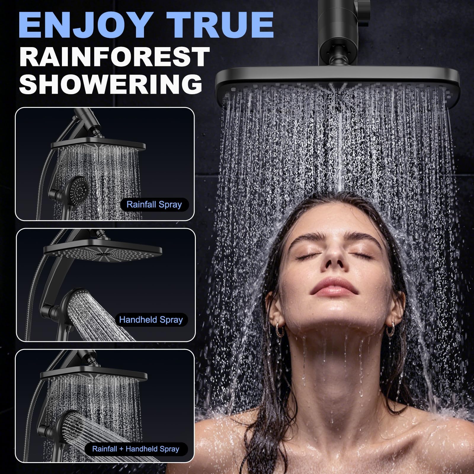 Cabezal de ducha, cabezal de ducha de alta presión de 12 pulgadas, ducha de mano con brazo de extensión de 11 pulgadas, cabezal de ducha ajustable antifugas con soporte/manguera, altura/ángulo