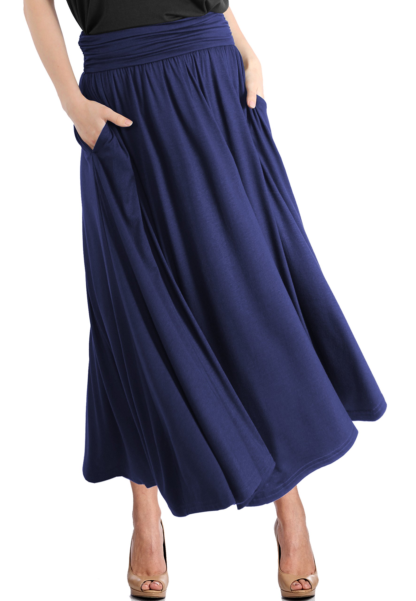 Women's High Waist Fold Over Pocket Shirring Skirt ,Navy-ankle,X-Large