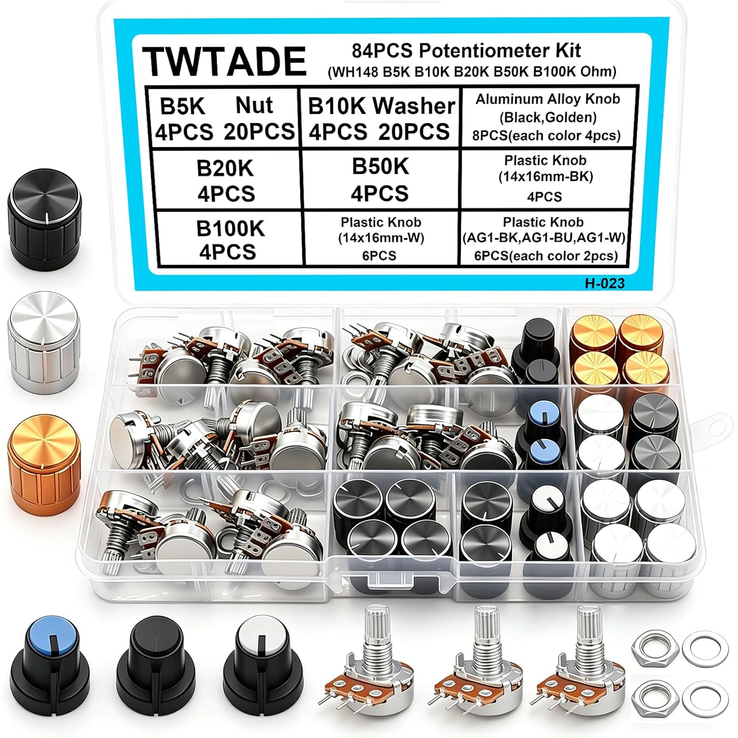 TWTADE 3PCS 10K Ohm Linear Taper Adjustable Rotary Potentiometer Change Resistance WH148 B10K 3 Pin with XH2.54-3P Connector Wire Cable + Black Knob Cover Cap 148-10kBK